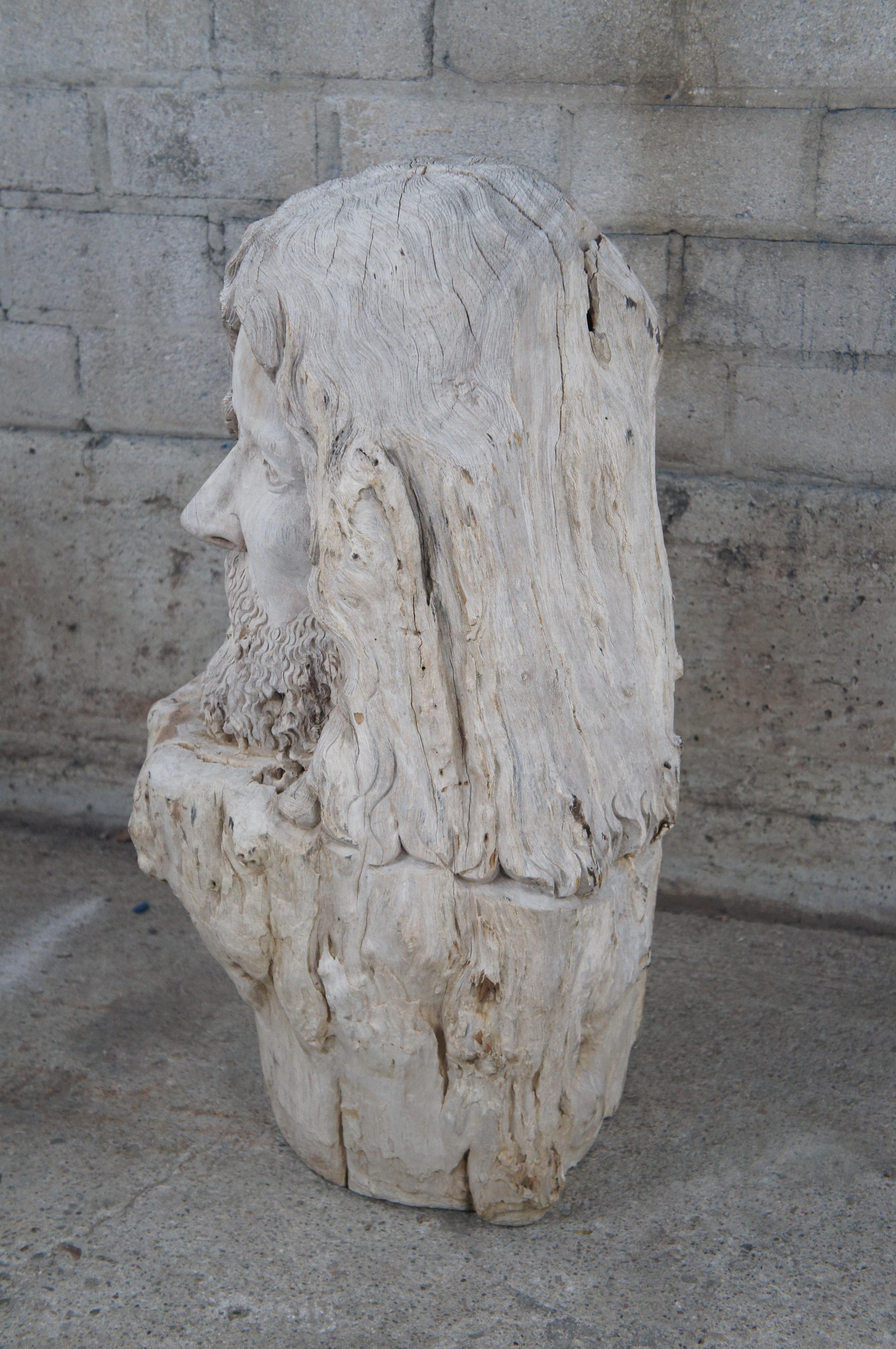 20ième siècle Grande sculpture en bois flotté sculptée à la main Zues Bust Statue Greek Roman Mythology 29