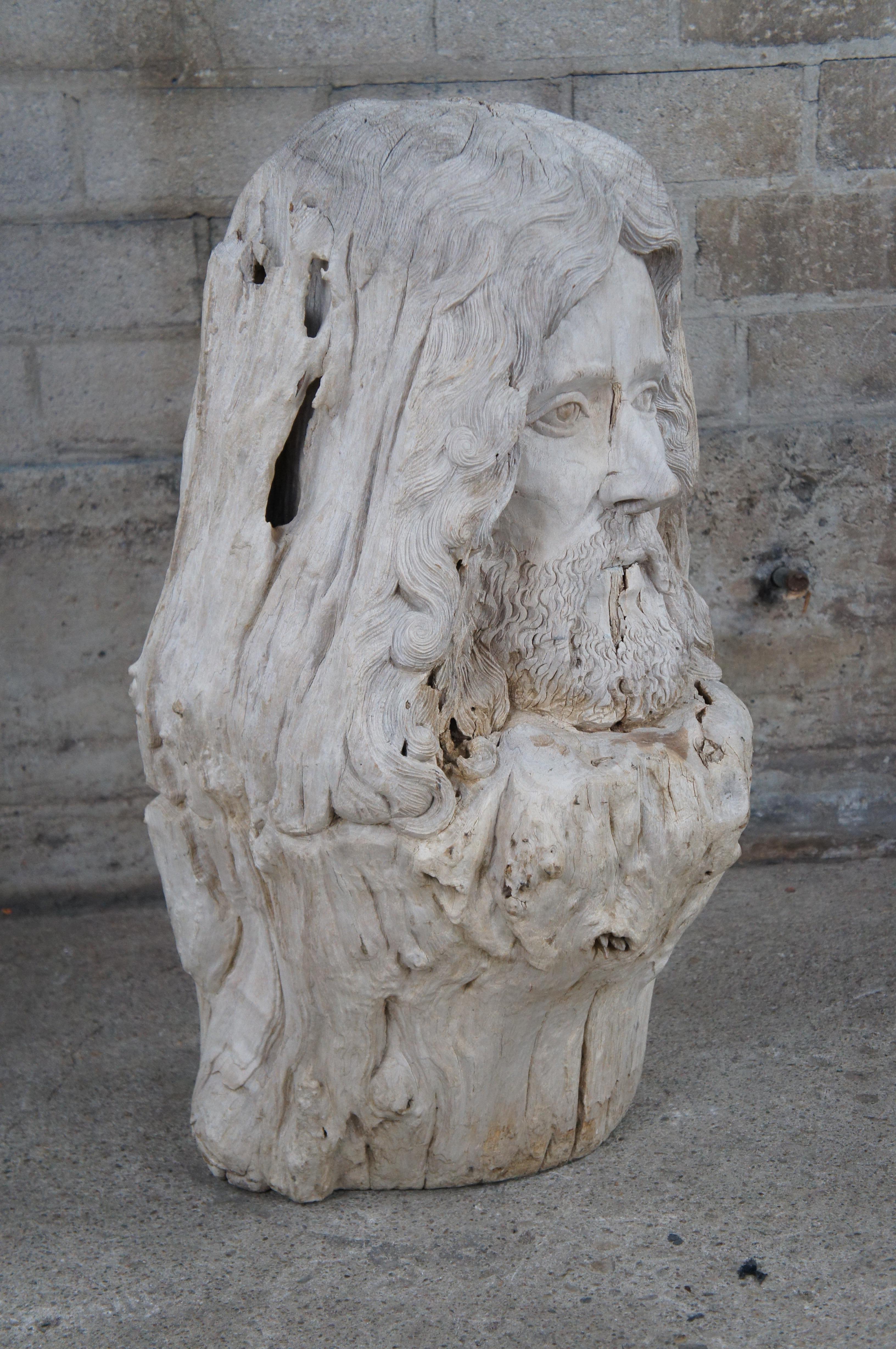 Large Hand Carved Driftwood Sculpture Zues Bust Statue Greek Roman Mythology 29