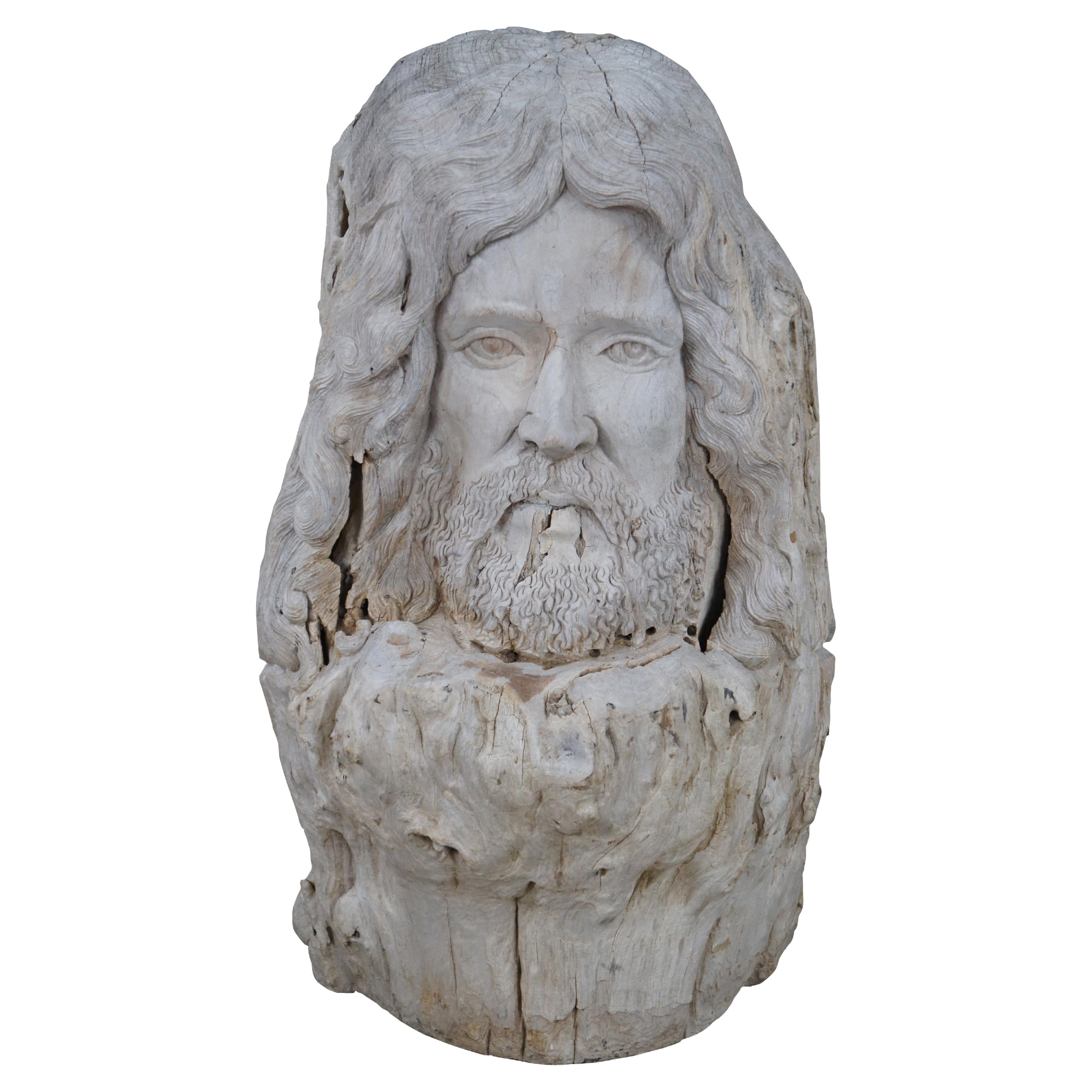 Large Hand Carved Driftwood Sculpture Zues Bust Statue Greek Roman Mythology 29" For Sale