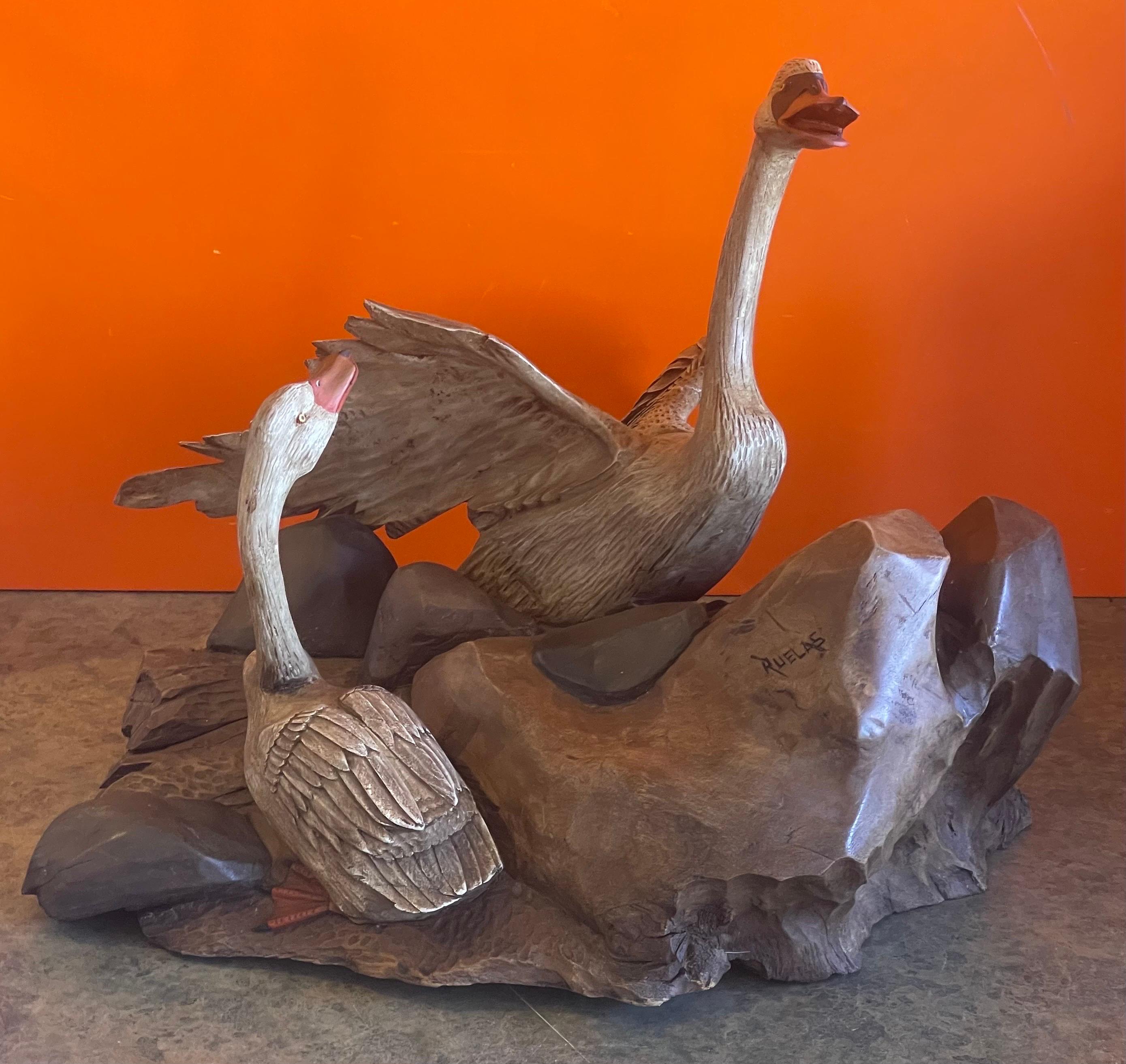 Folk Art Large Hand Carved Duck Sculpture by Miguel Ruelas For Sale