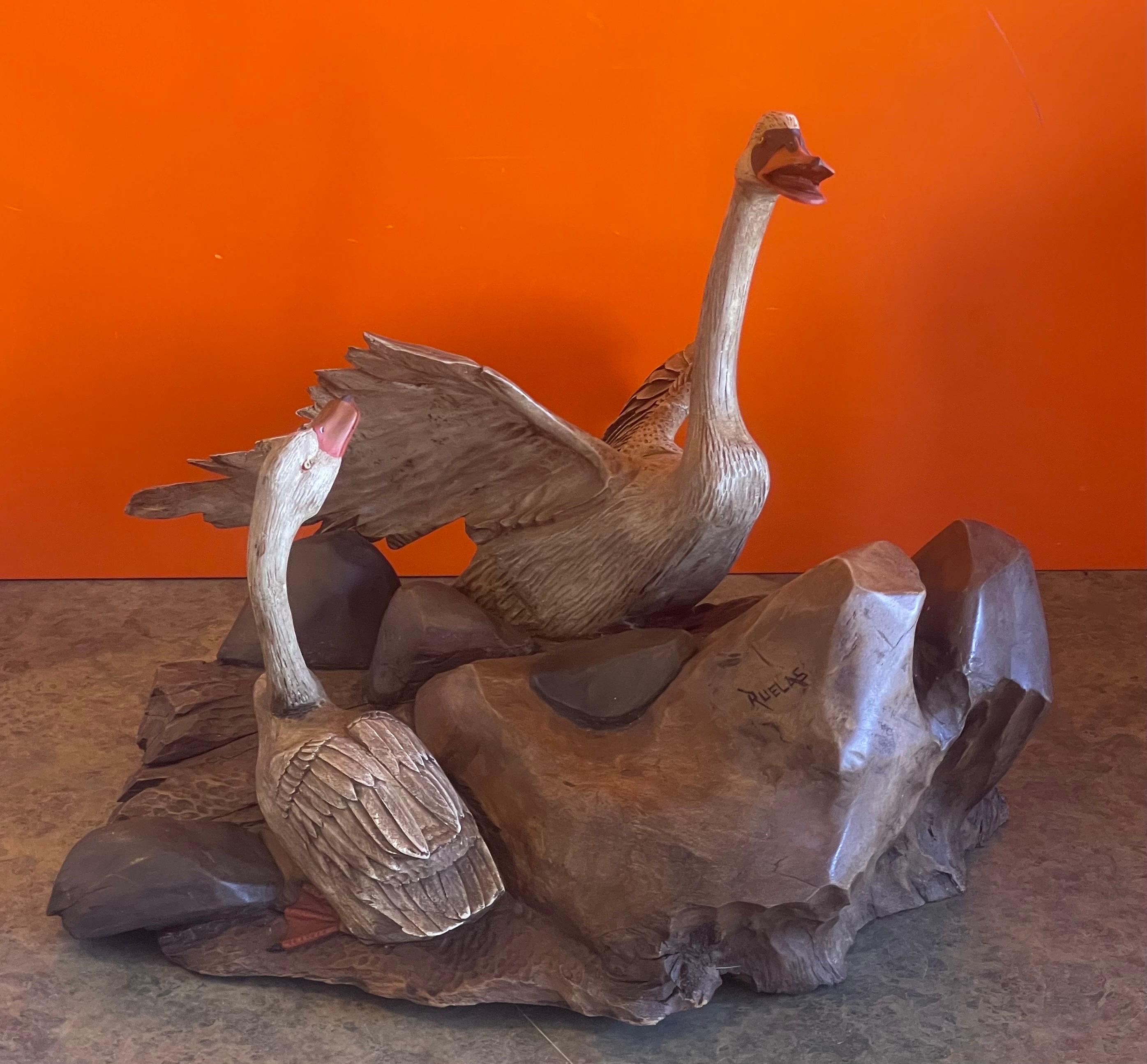 American Large Hand Carved Duck Sculpture by Miguel Ruelas For Sale
