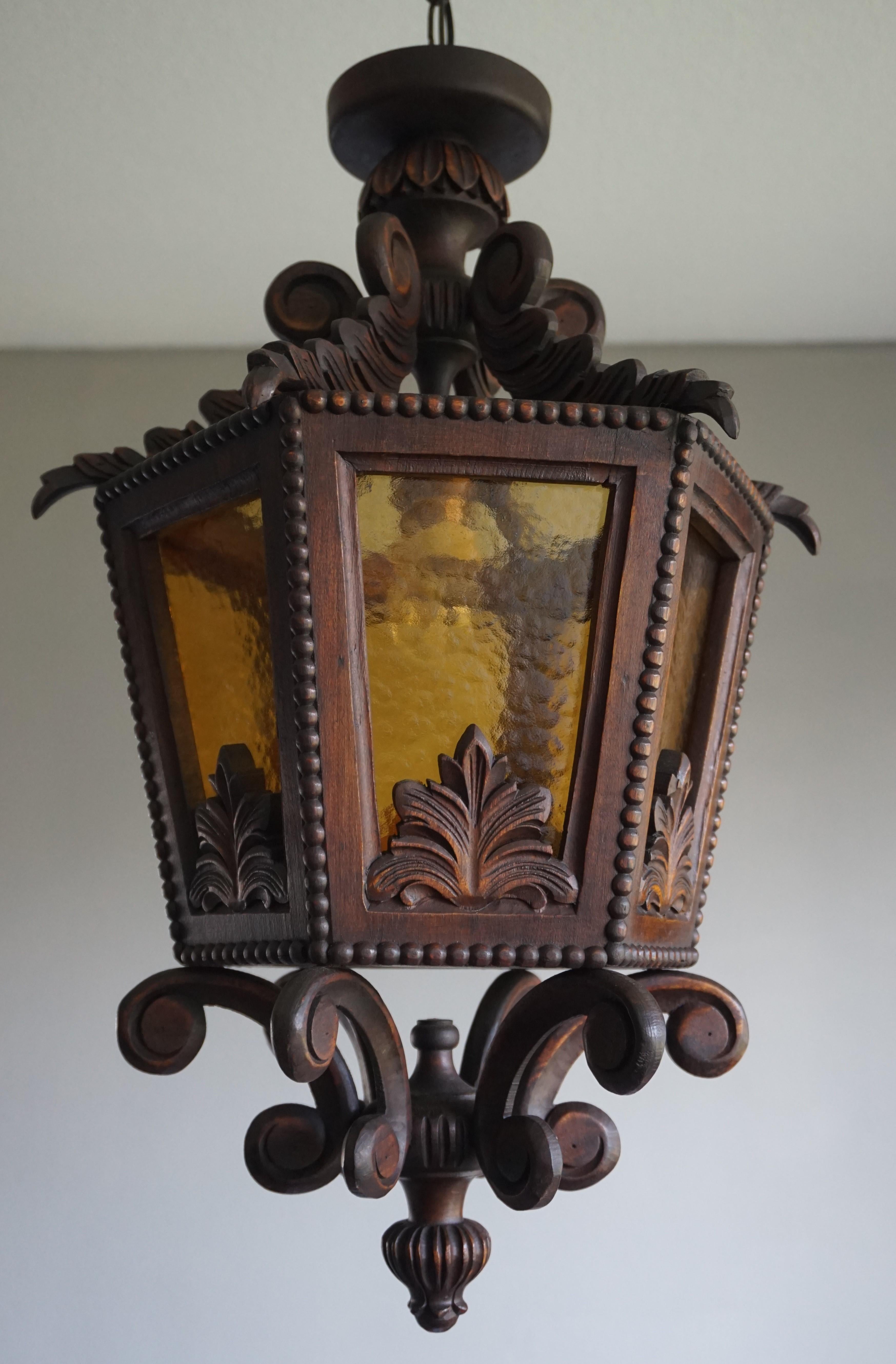 Large Hand Carved 20th Century Wooden Pendant Light with Amber Glass Panels 4