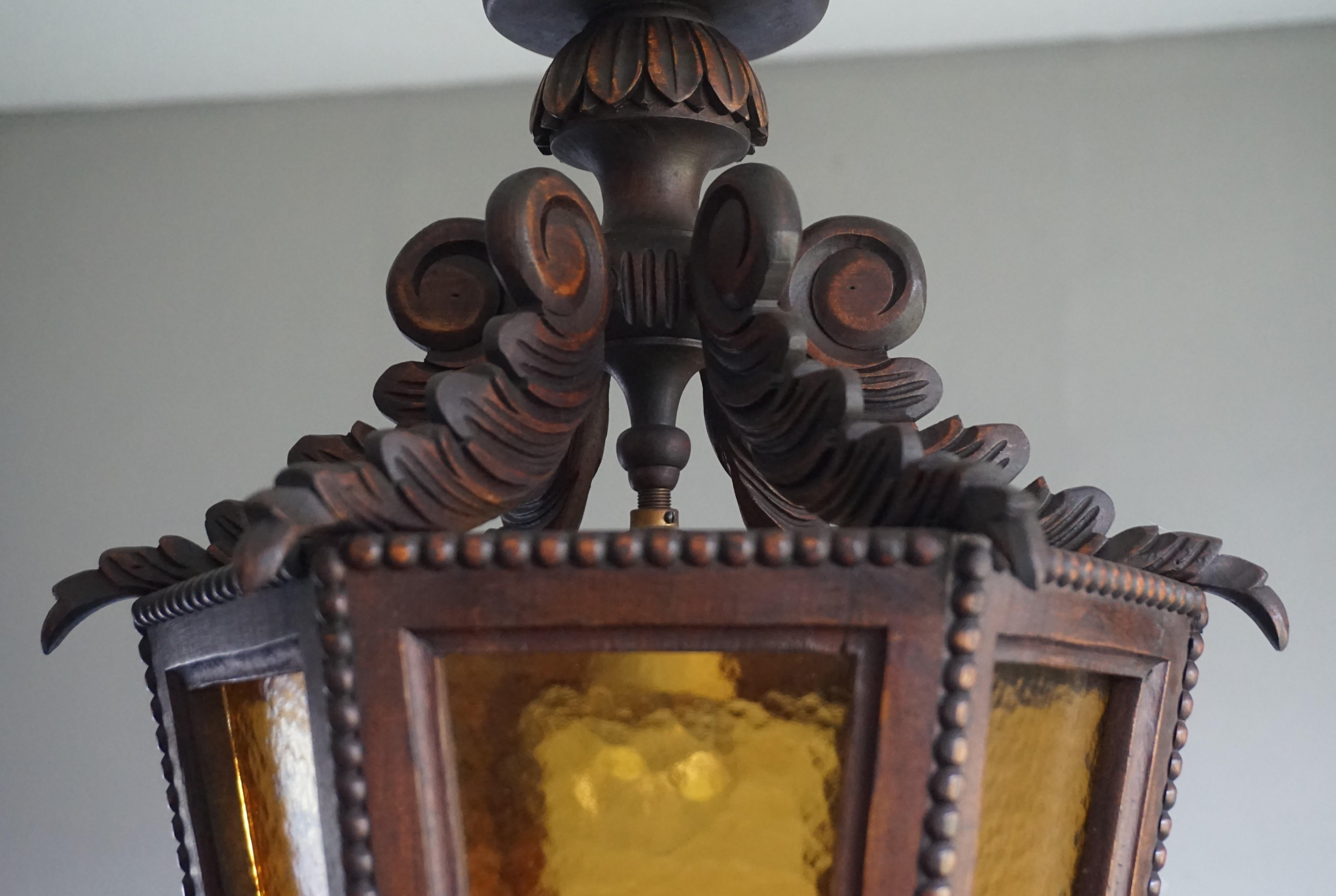 Large Hand Carved 20th Century Wooden Pendant Light with Amber Glass Panels 5