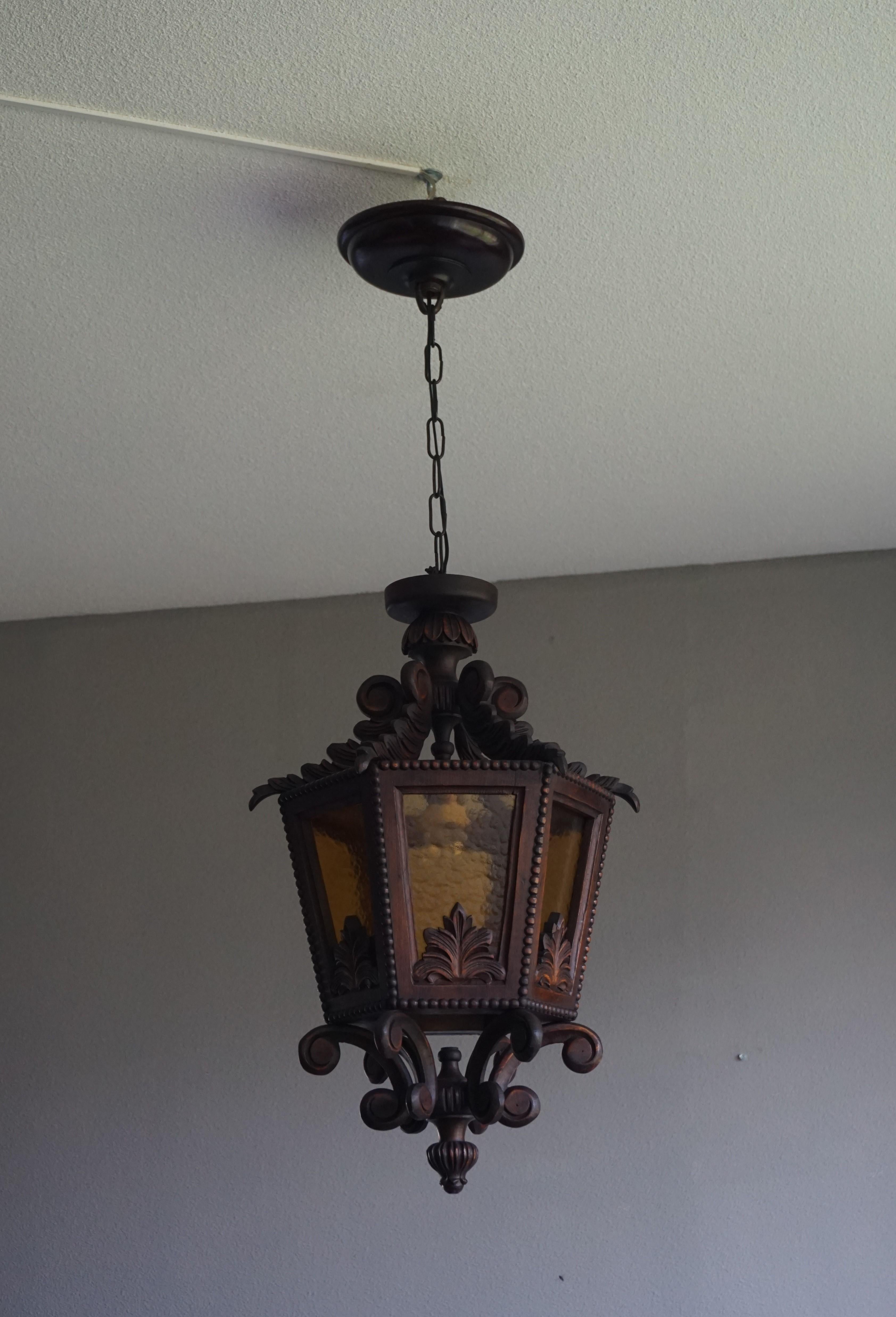 Hand-Crafted Large Hand Carved 20th Century Wooden Pendant Light with Amber Glass Panels