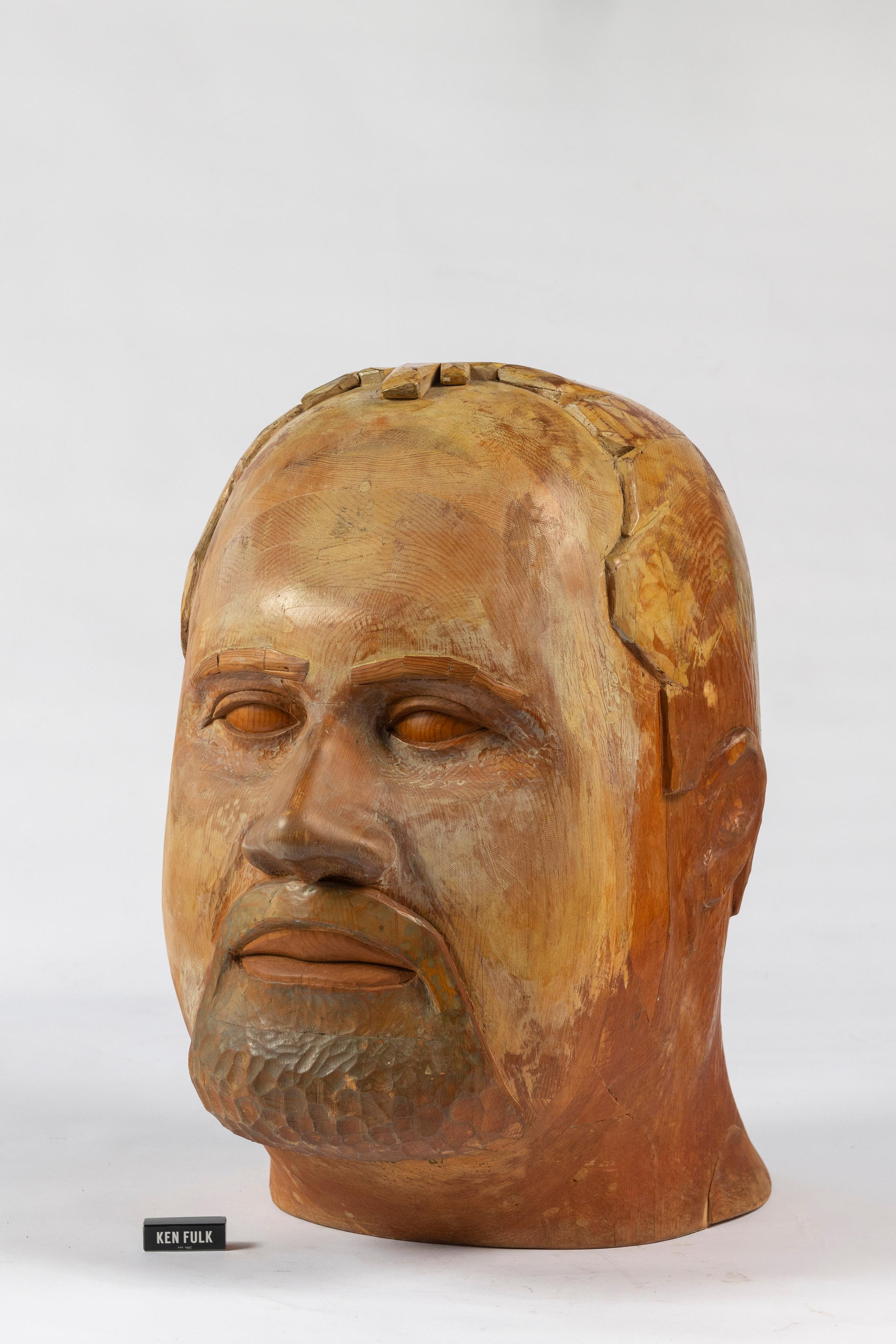 Large Hand Carved Folk Art Sculpture of Man's Head For Sale 3
