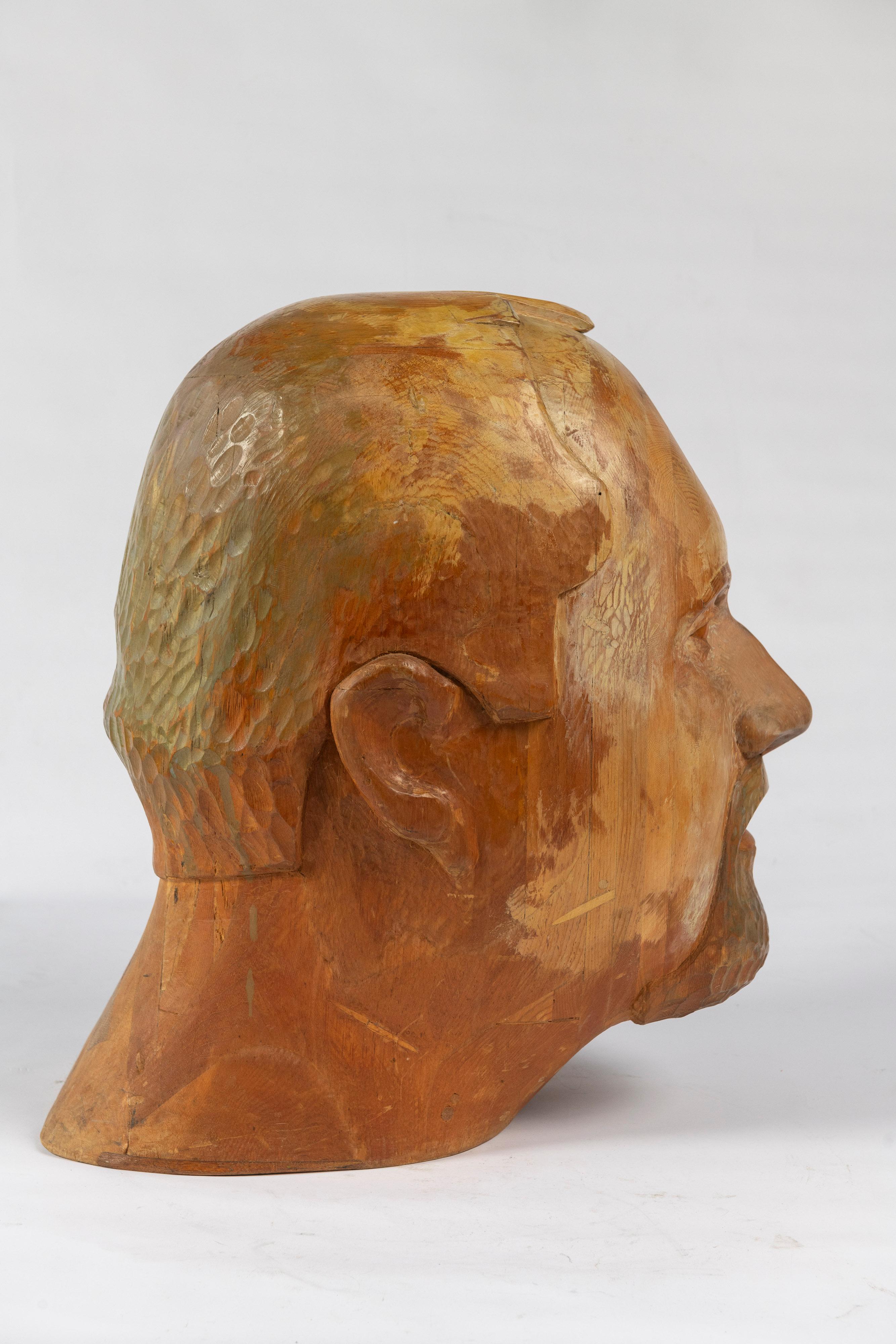 Hand-Carved Large Hand Carved Folk Art Sculpture of Man's Head For Sale