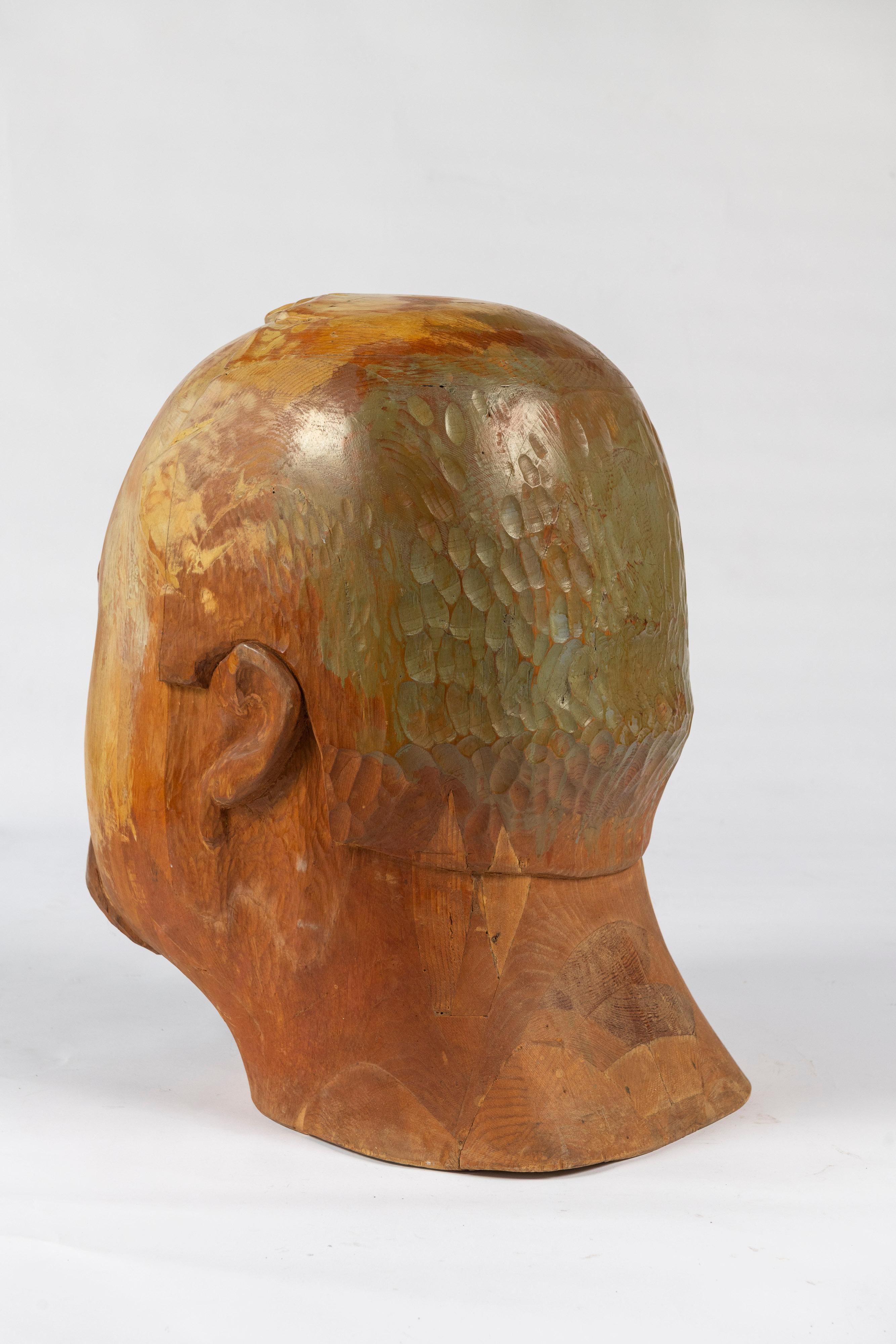 Mid-20th Century Large Hand Carved Folk Art Sculpture of Man's Head For Sale