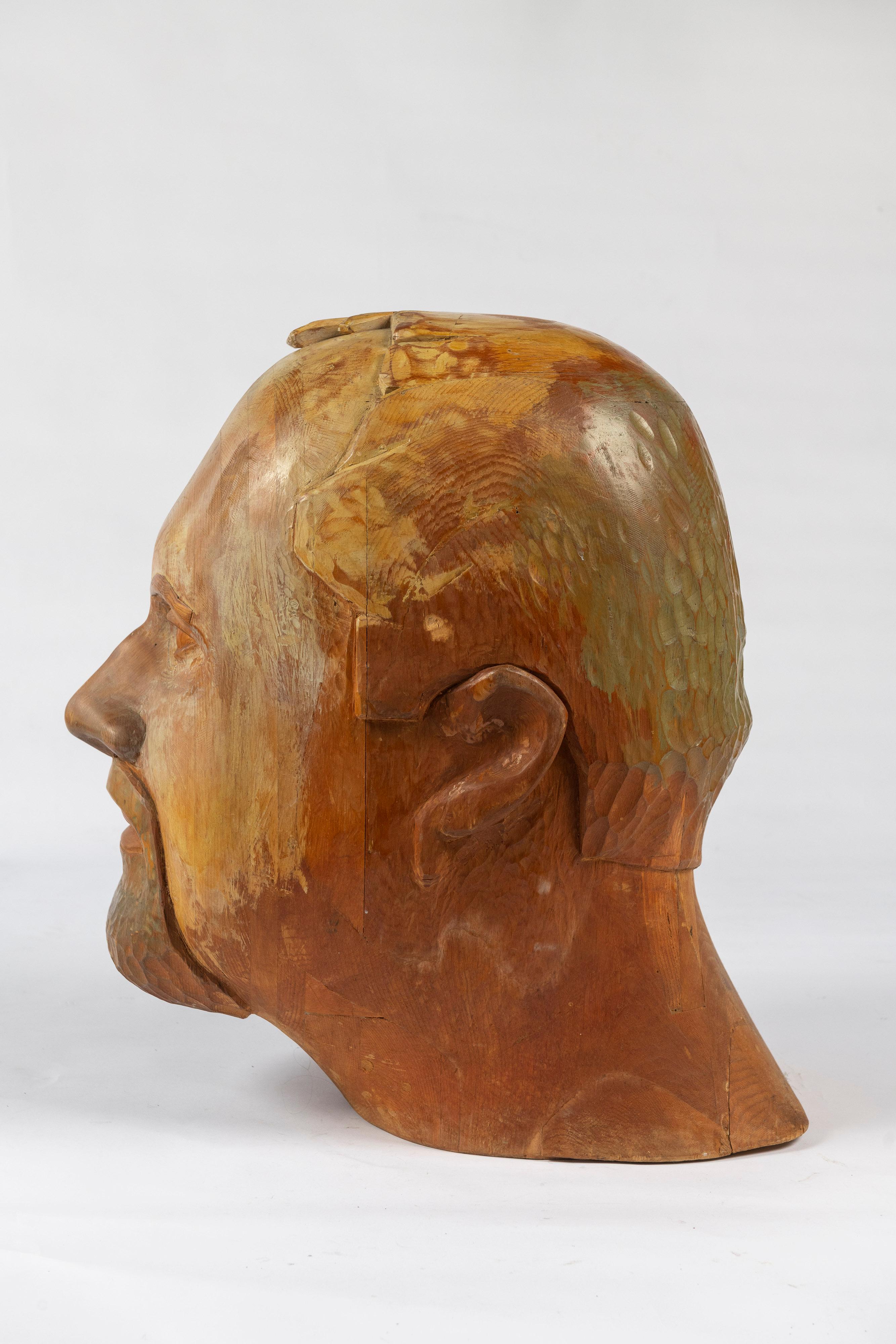 Wood Large Hand Carved Folk Art Sculpture of Man's Head For Sale