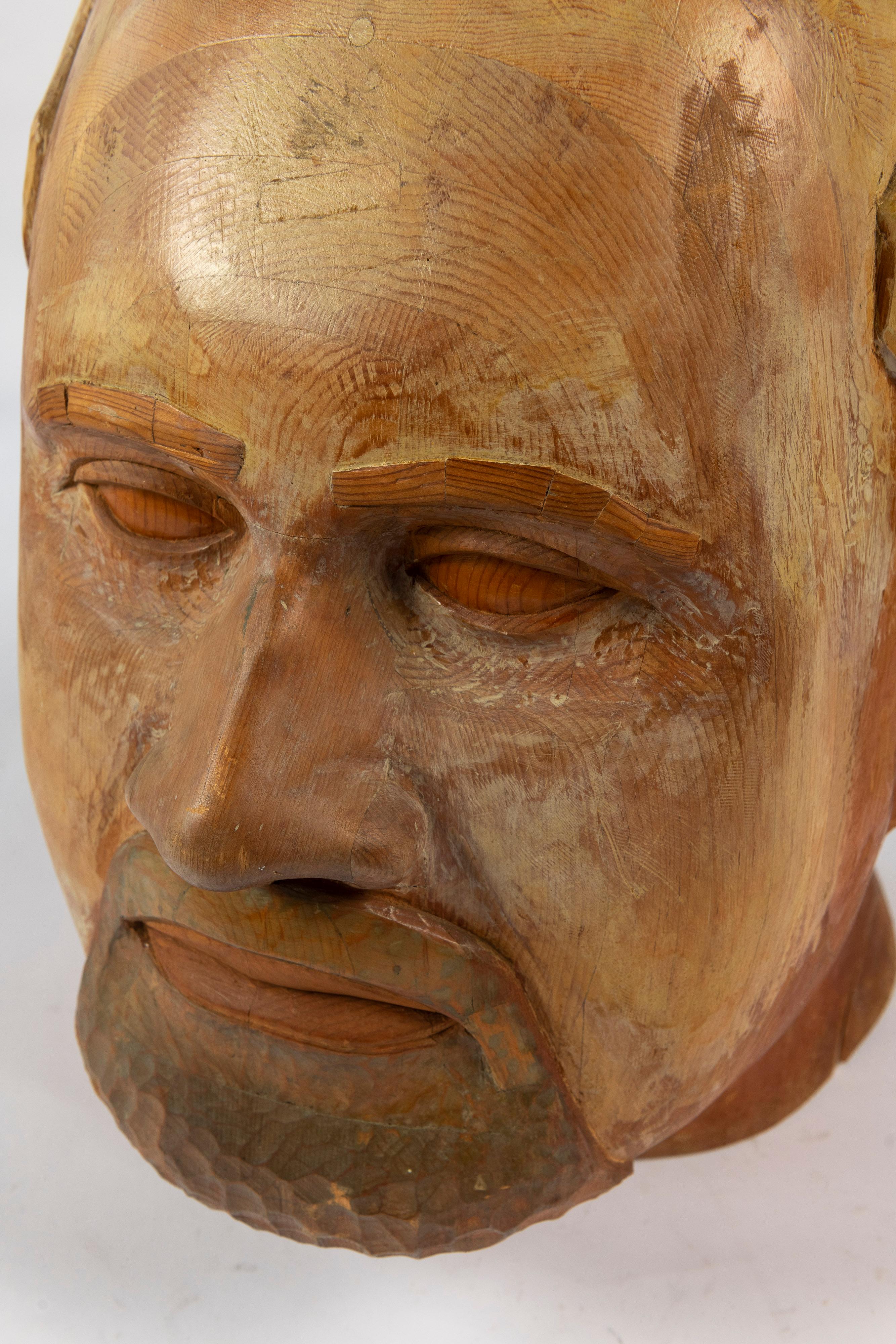 Large Hand Carved Folk Art Sculpture of Man's Head For Sale 1