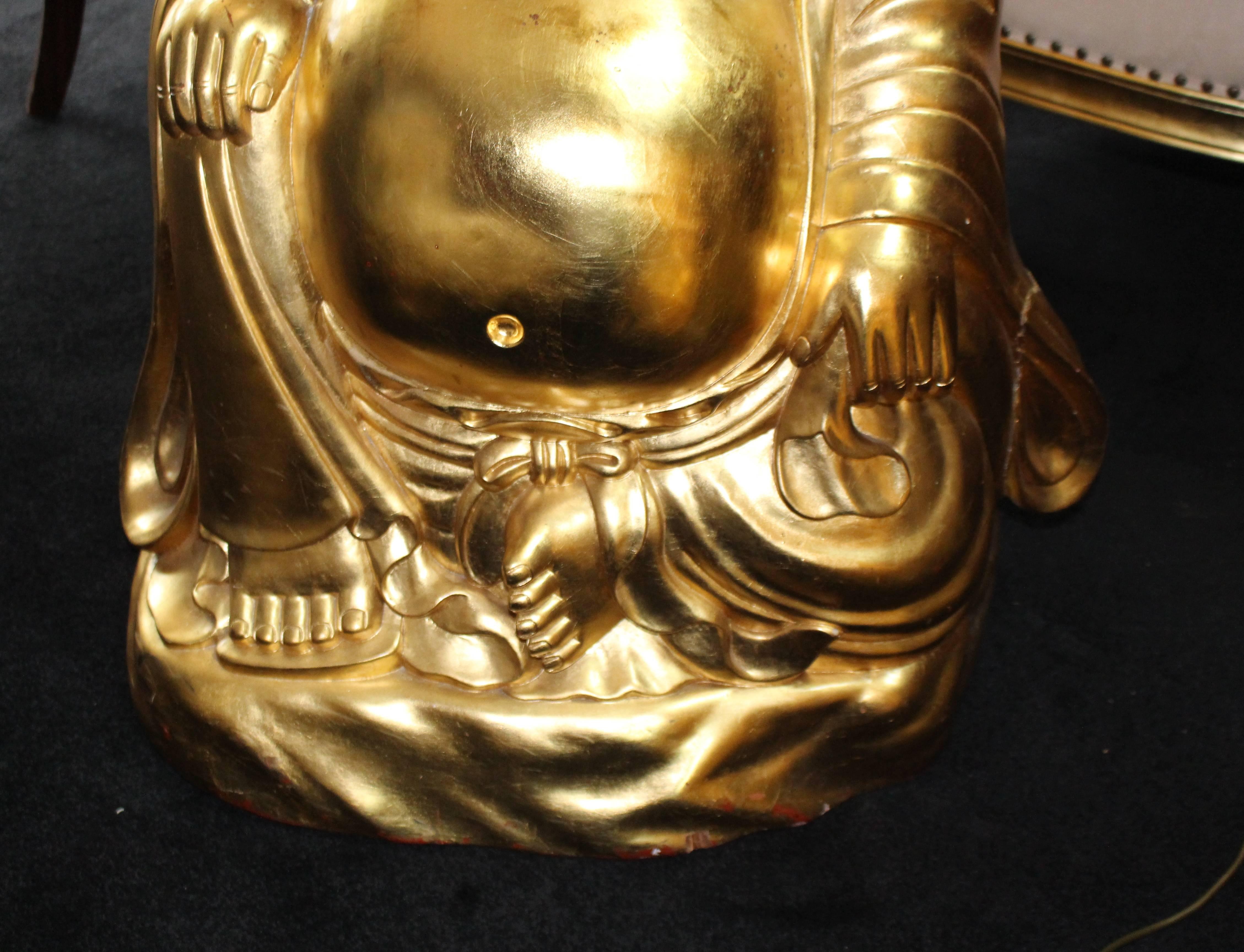 Large Hand Carved Giltwood Seated Laughing Buddha For Sale 1