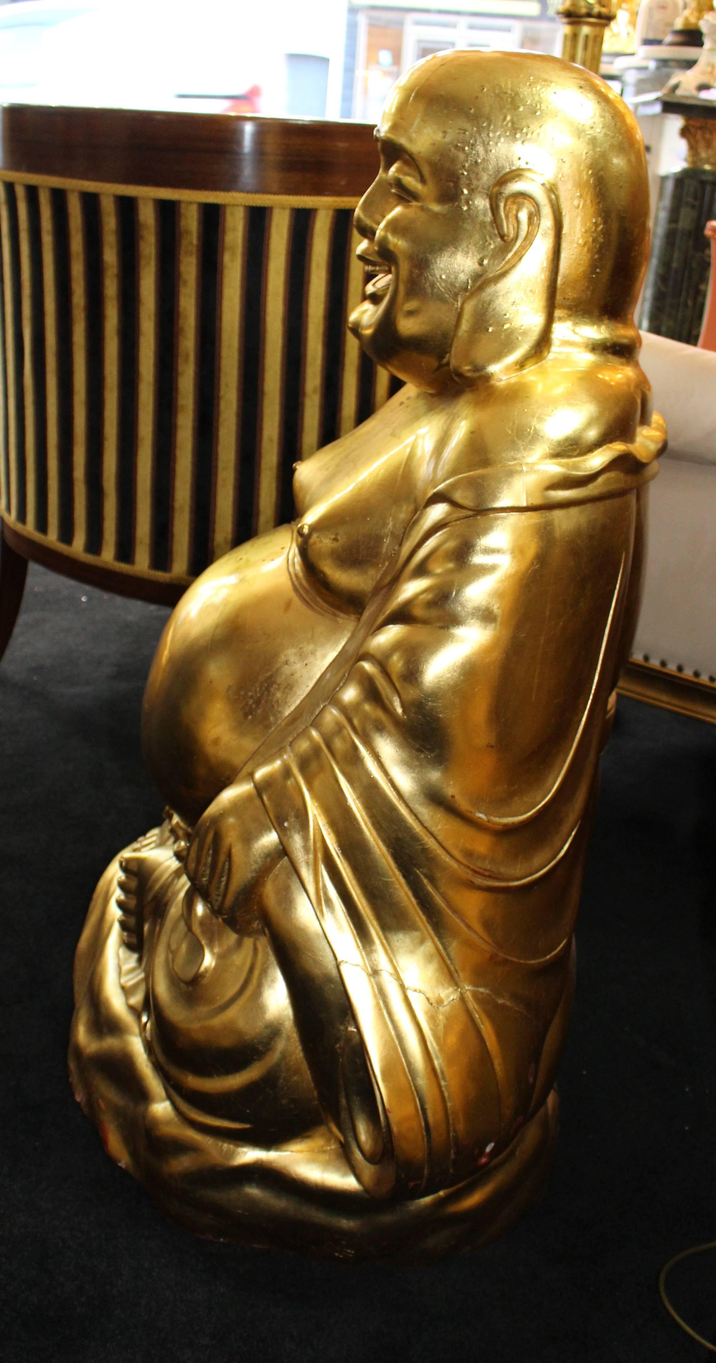 Large Hand Carved Giltwood Seated Laughing Buddha For Sale 3