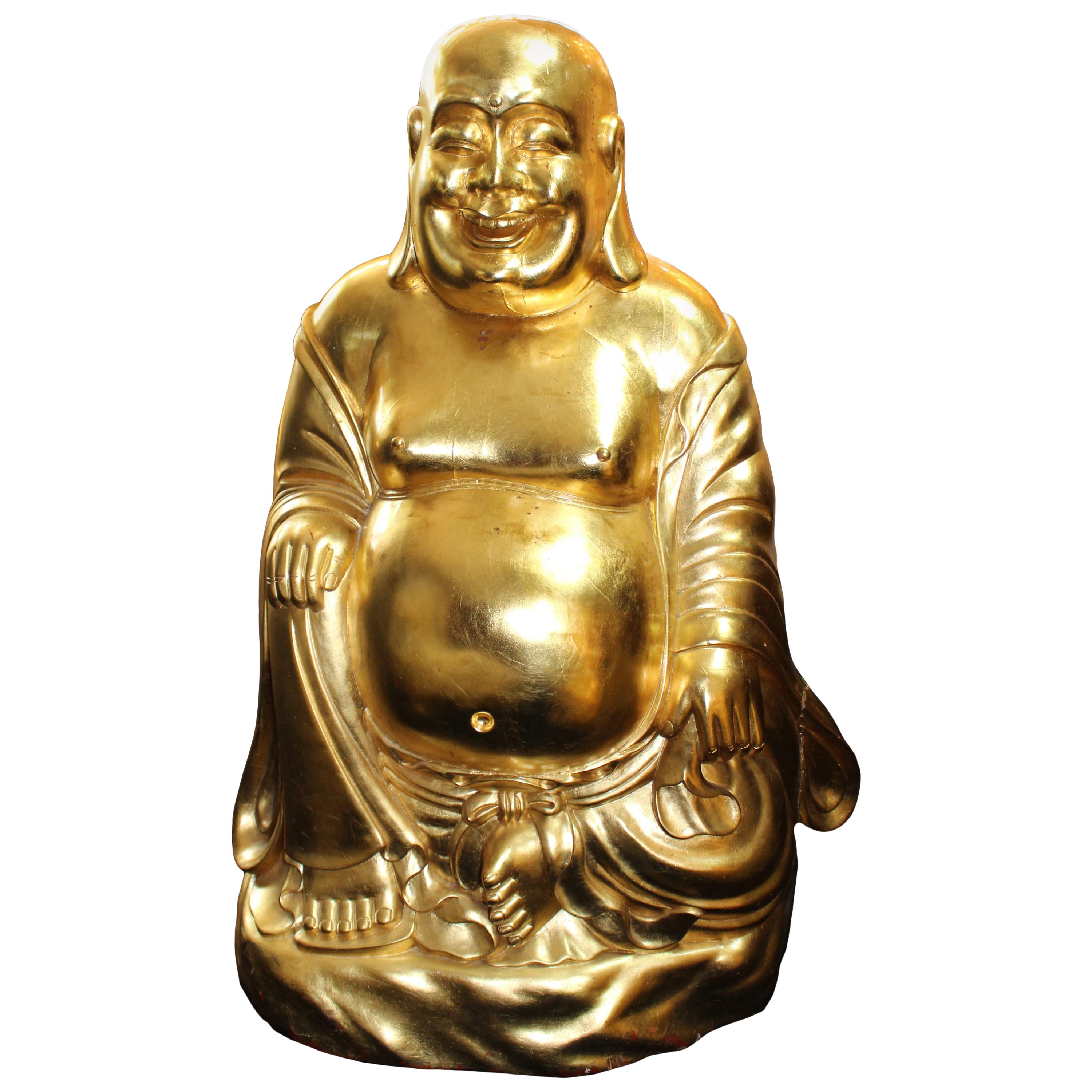 Large Hand Carved Giltwood Seated Laughing Buddha For Sale