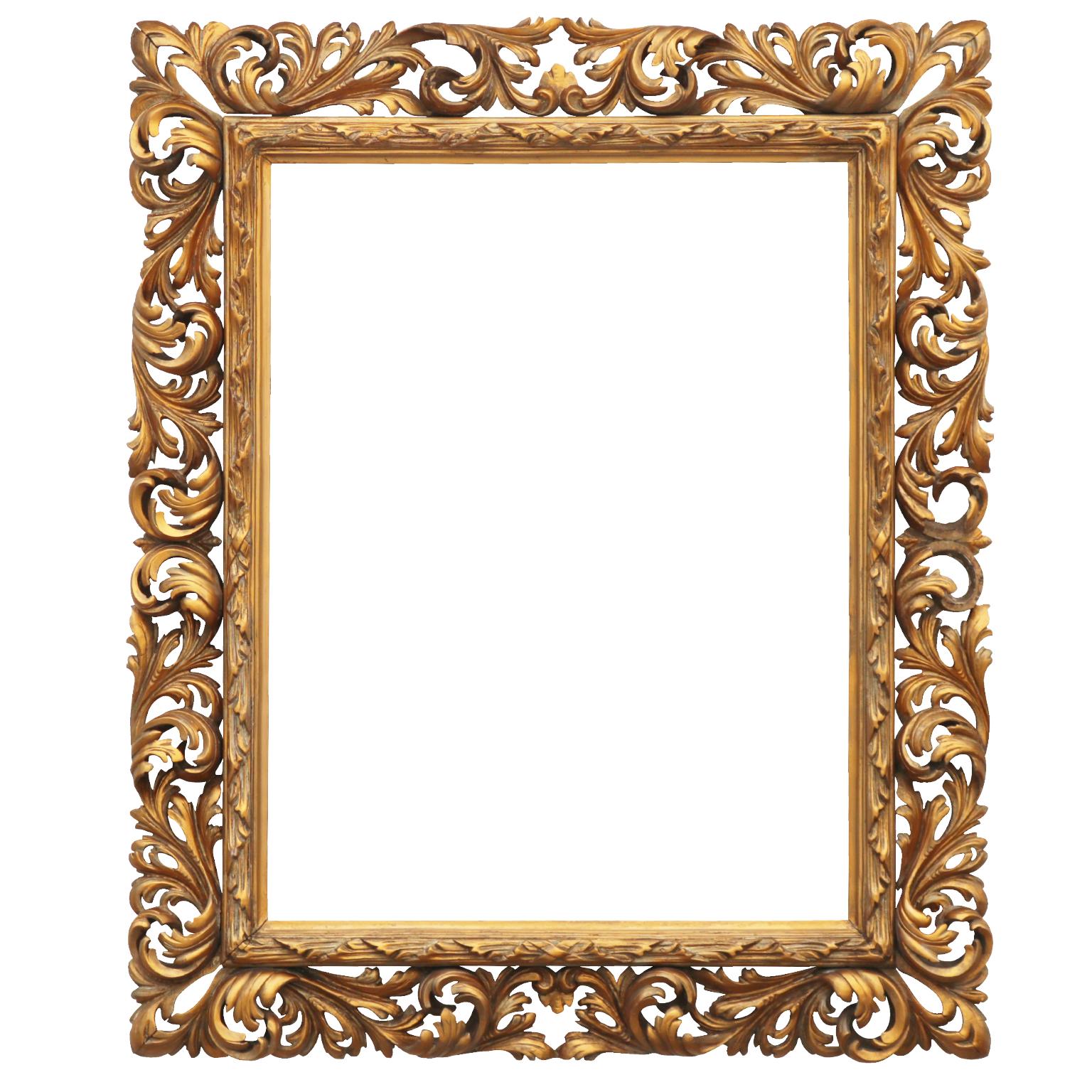 Late 18th century. Italian carved and gilded frame in the 17th century. Florentine style.

This frame is carved linden wood with a floral motif at the sight edge with center straps. The outer portion consists of large curling leaves that are