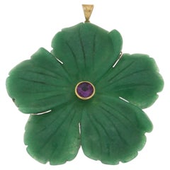 Large Hand-Carved Green Aventurine Flower Statement Pendant with Amethyst