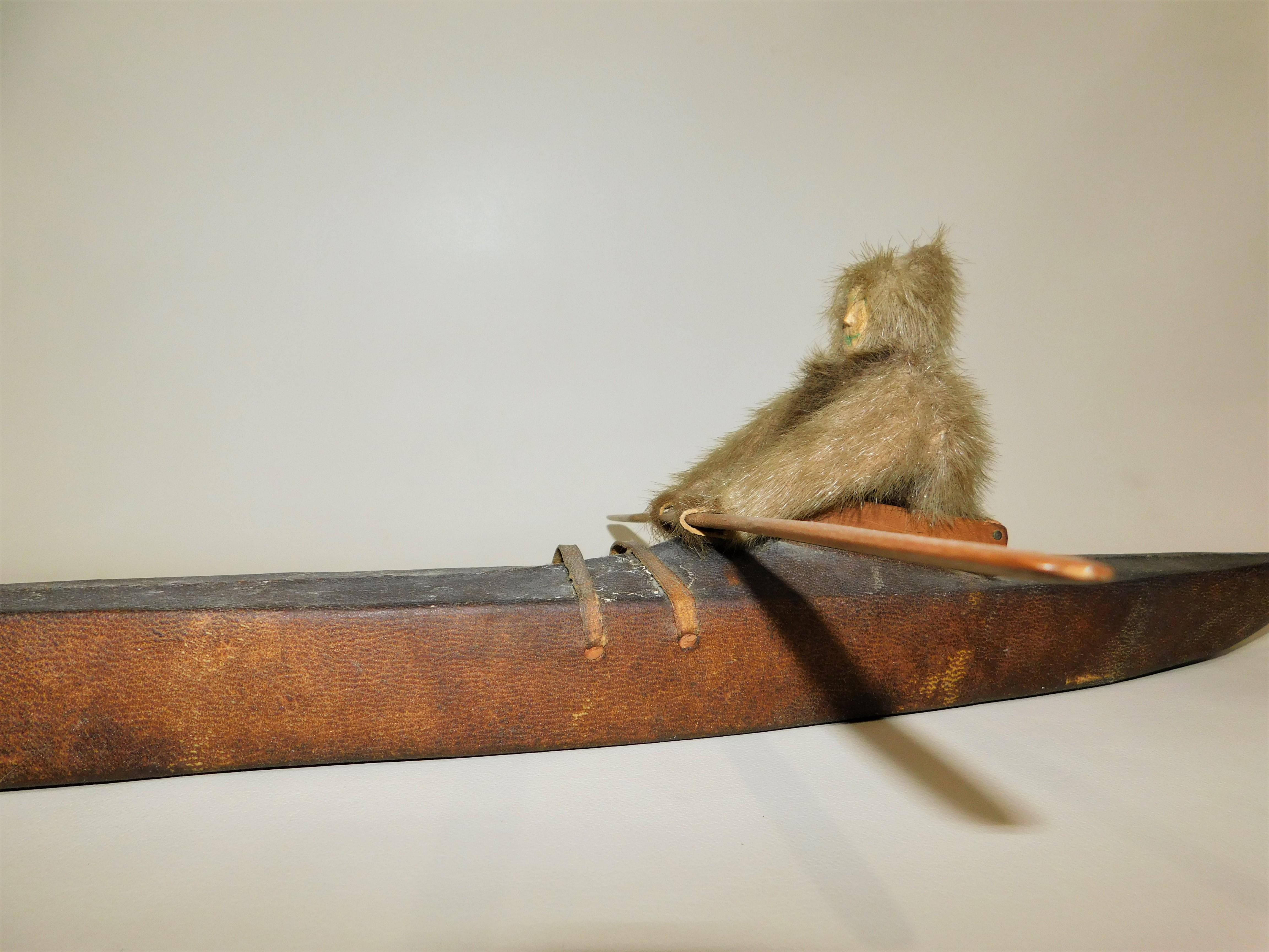 Wood Large Hand Carved Inuit Hunter Native American Kayak