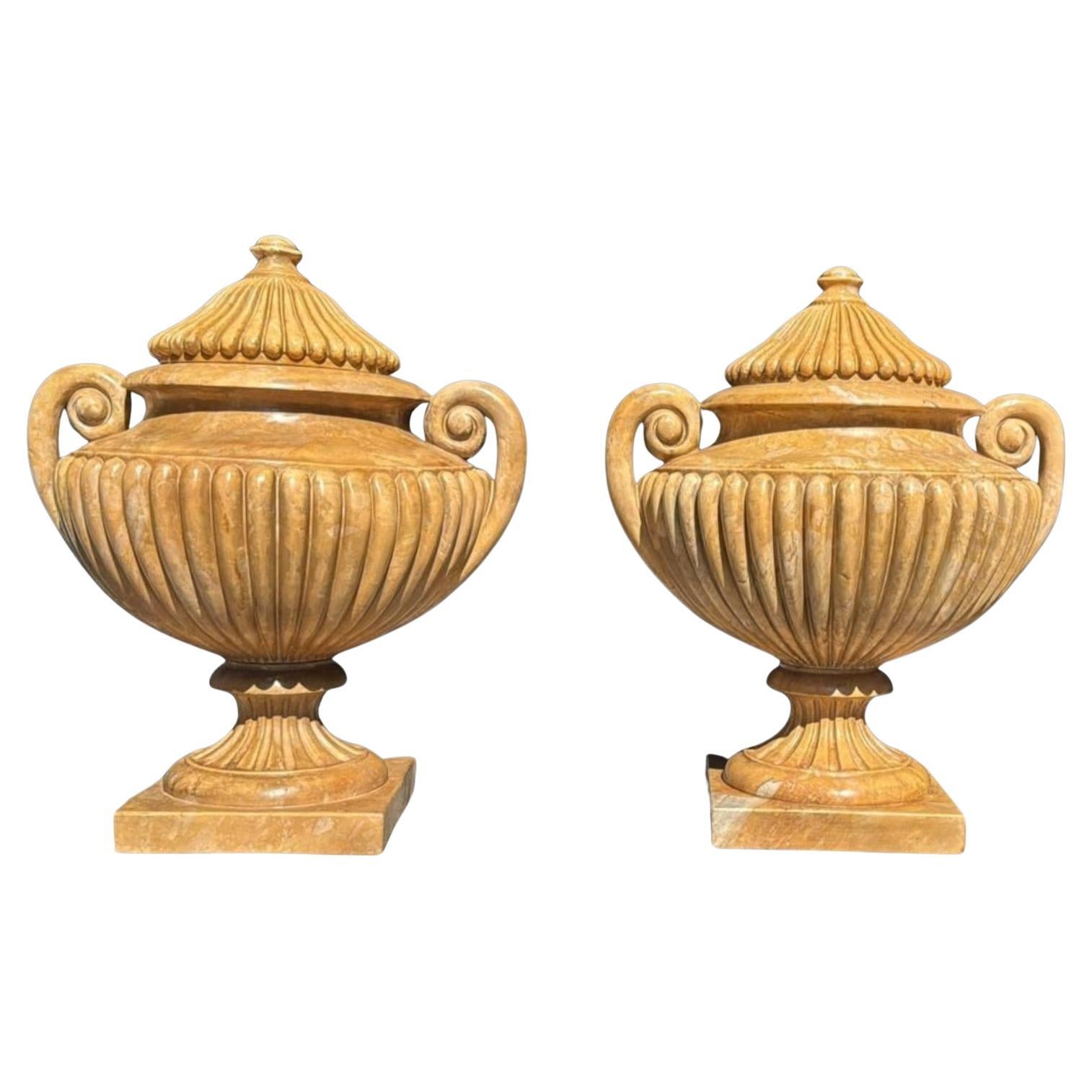 Large Hand-Carved Italian Marble Urns – 1950s