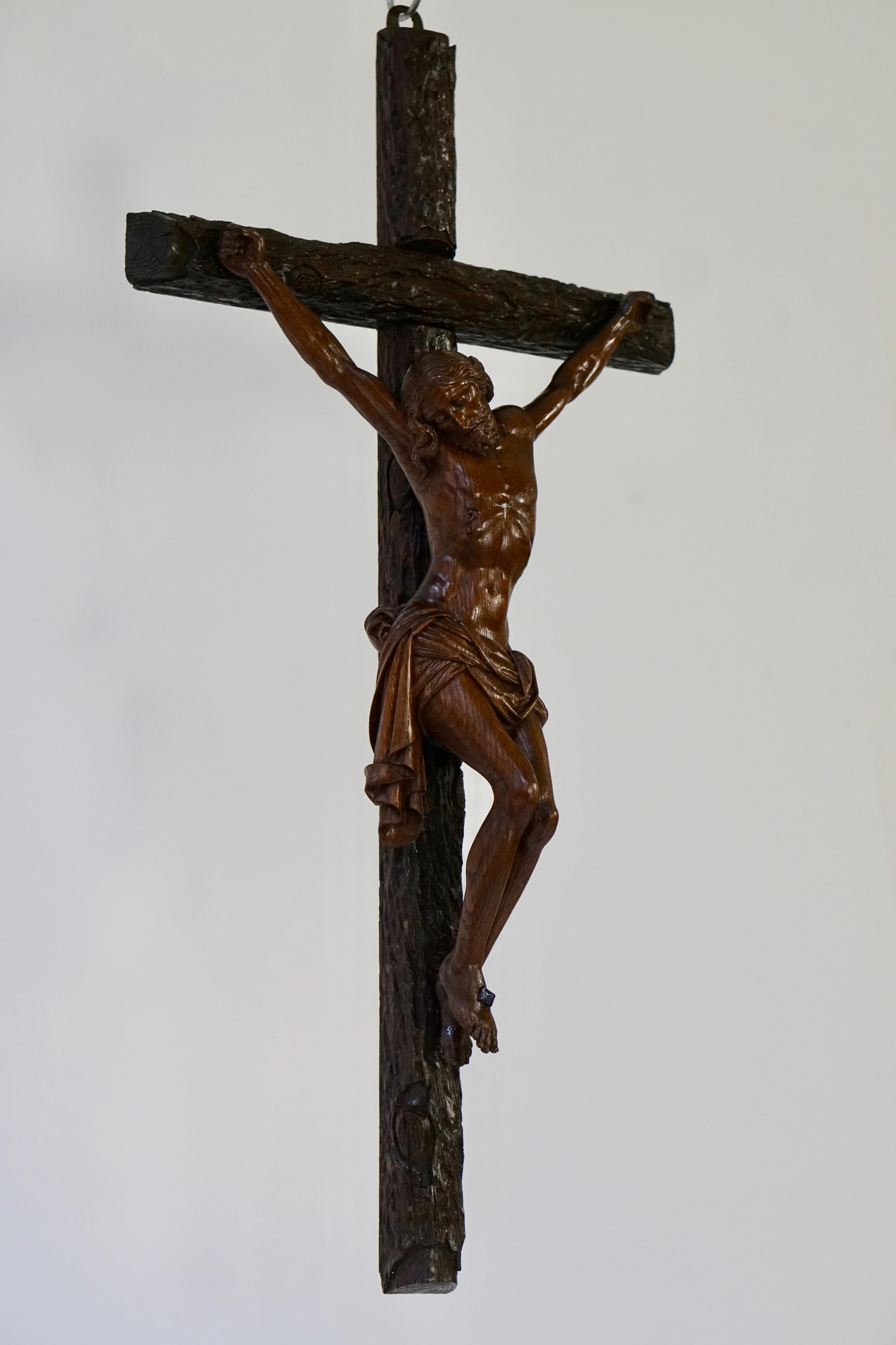Wood Large Hand Carved, Late 19th Century Corpus of Christ or Crucifix
