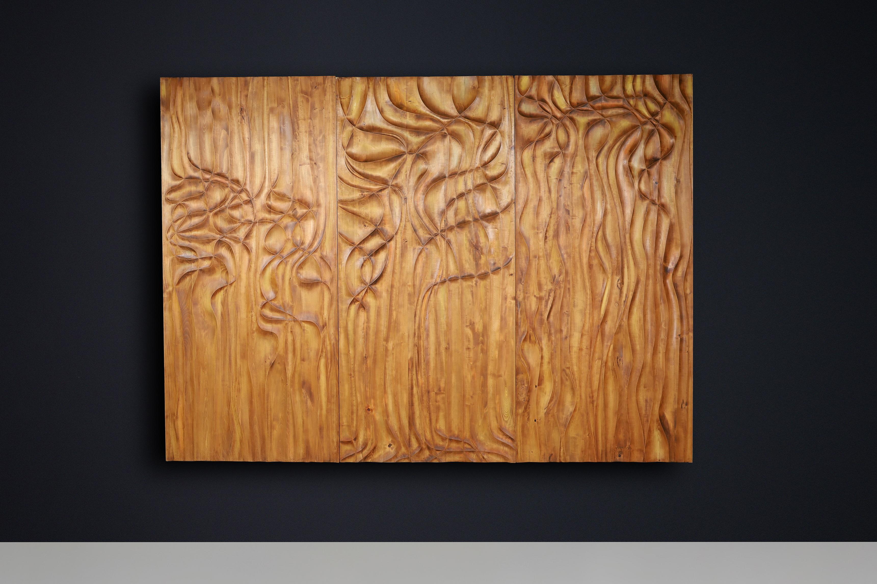 Brutalist Large Hand-Carved Linden Wood Wall Panels, Fairmont Golden Prague Hotel CZ 1970s For Sale