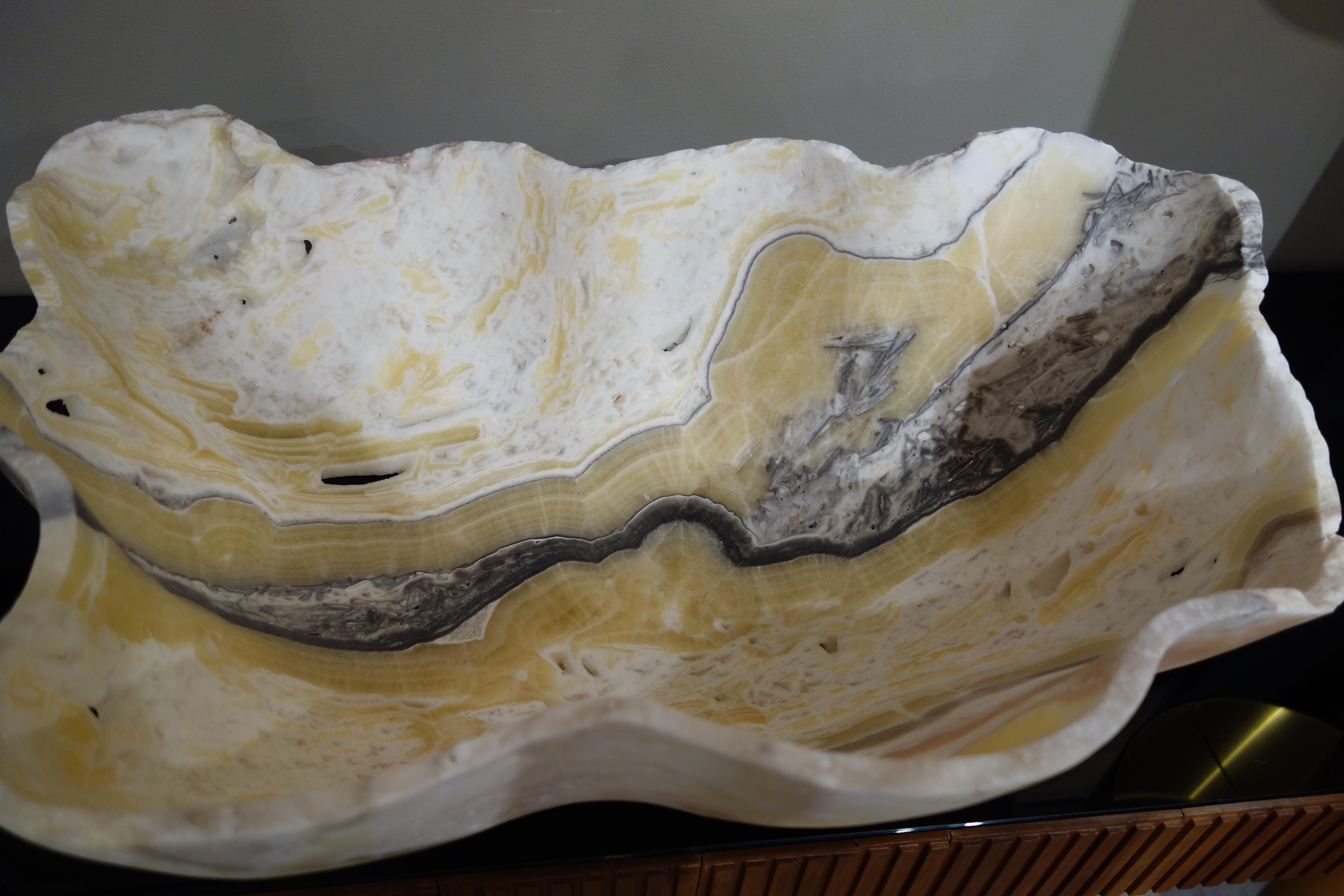 Post-Modern Large Hand Carved Mexican Onyx Bowl or Centerpiece in White, Gold, Gray & Taupe