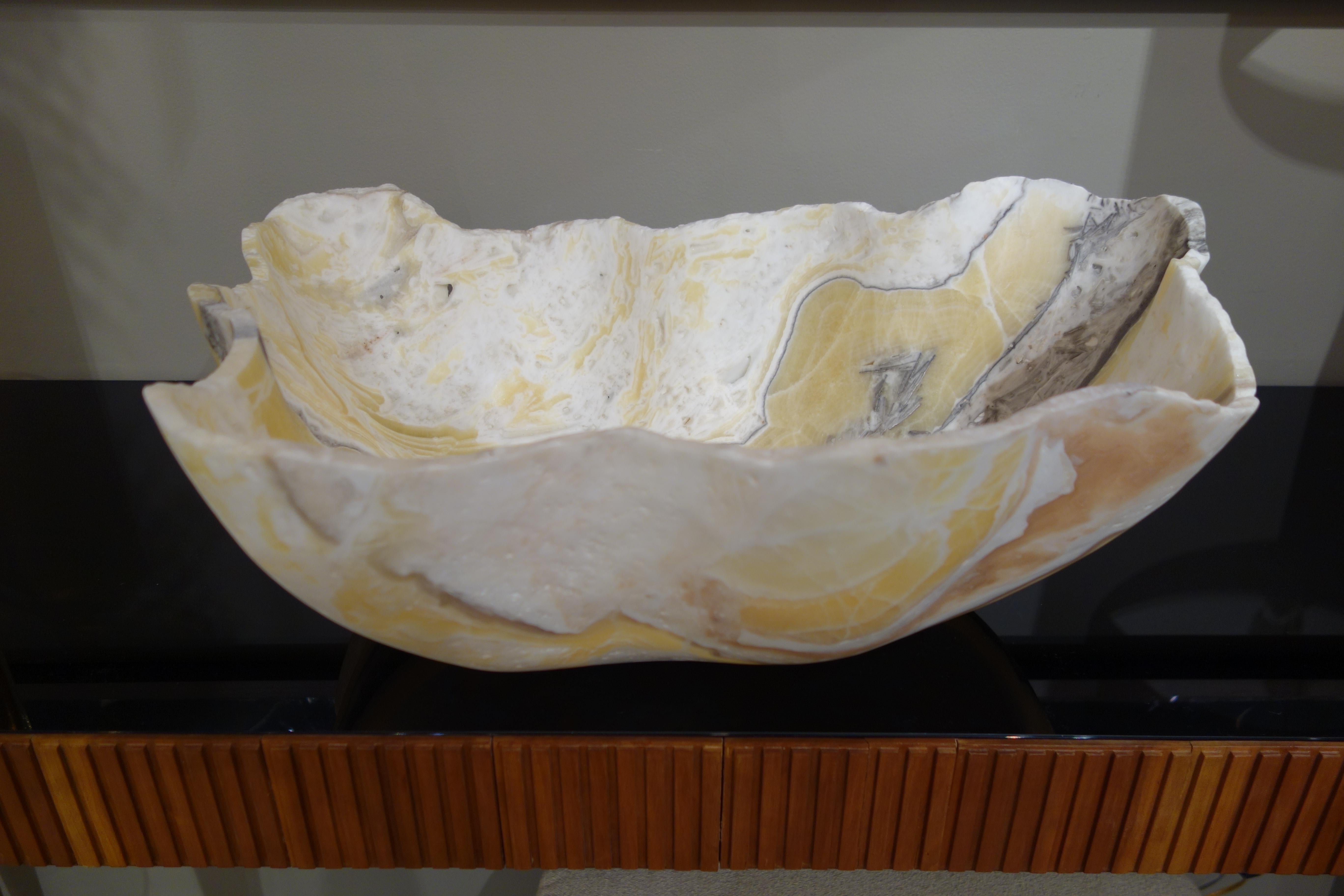 Hand-Carved Large Hand Carved Mexican Onyx Bowl or Centerpiece in White, Gold, Gray & Taupe