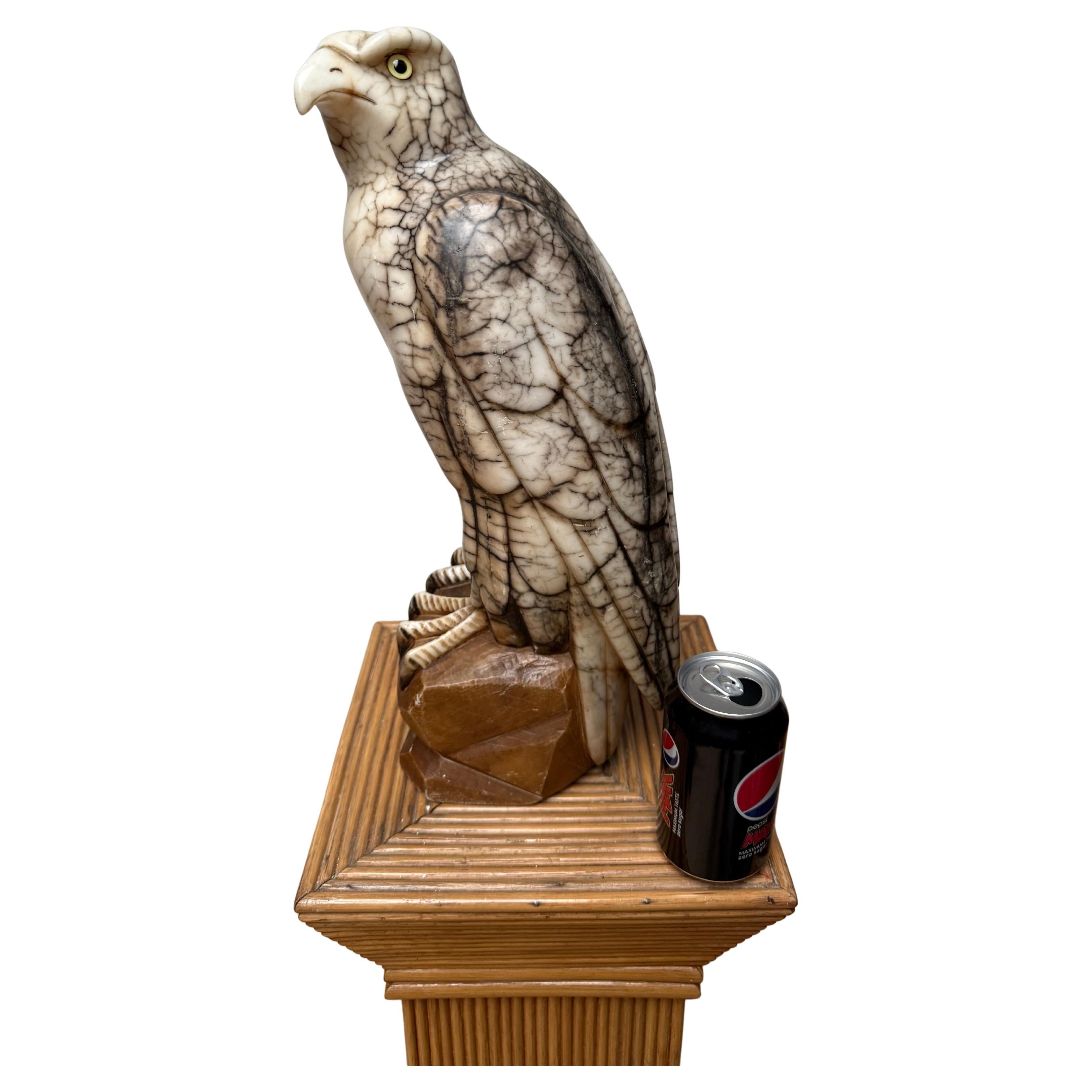 Large Hand Carved & Mint Antique Alabaster American Bald Eagle Sculpture Statue