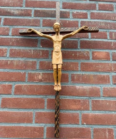Large Hand-Carved Oak Modernist Crucifix with Stylized Youthful Christ, ca 1940