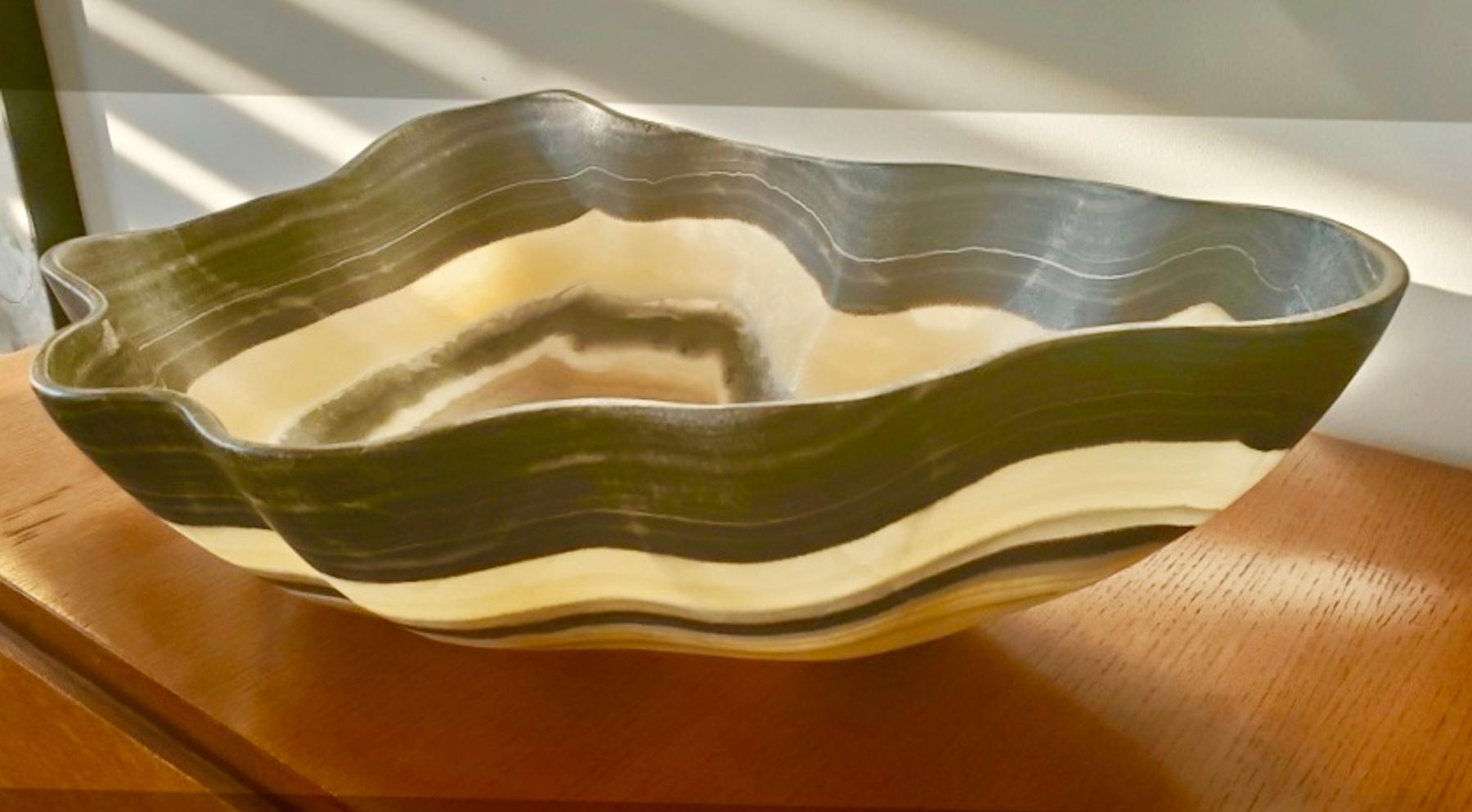 Post-Modern Large Hand Carved Onyx Bowl or Centerpiece in Black, Gold, Tan and Cream