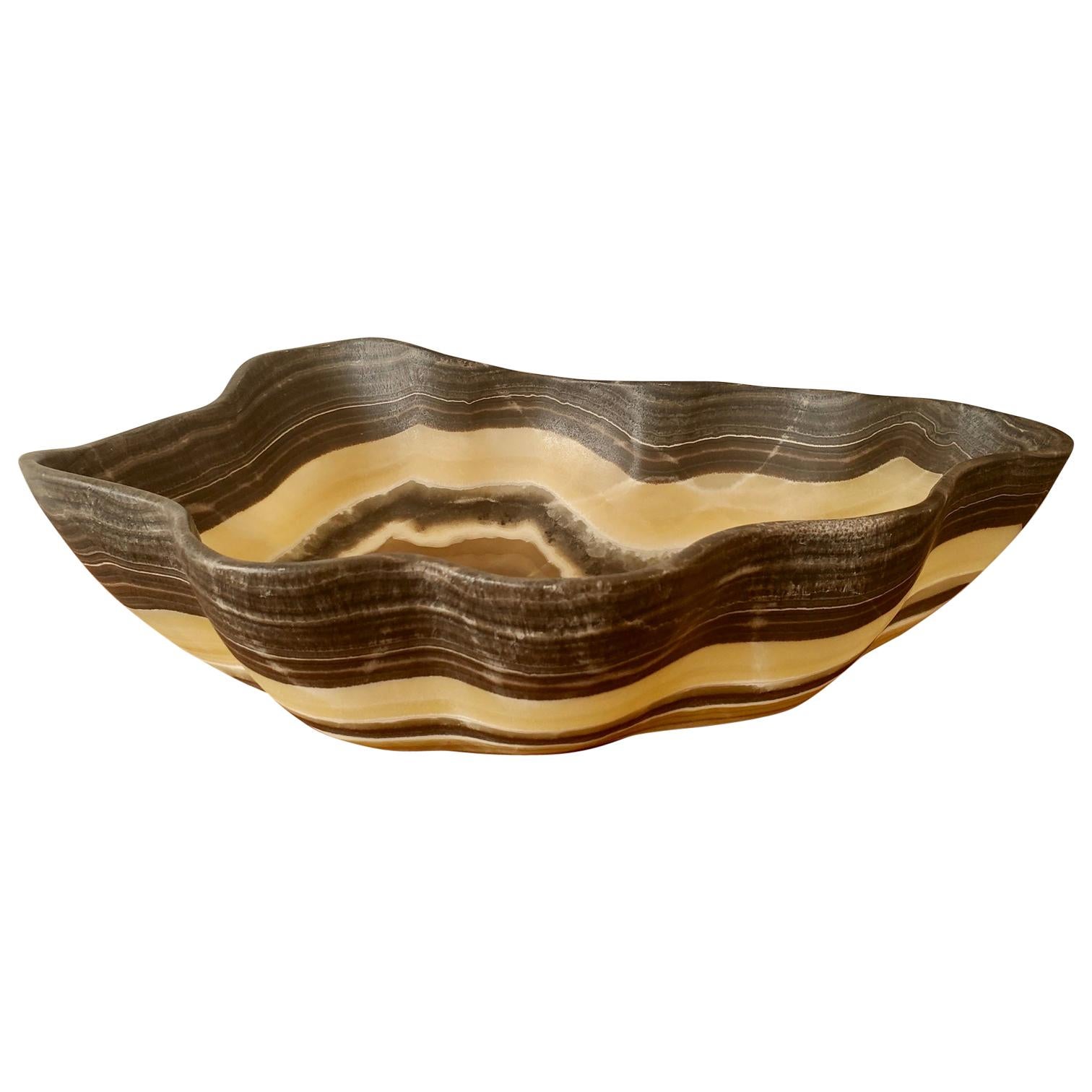Large Hand Carved Onyx Bowl or Centerpiece in Black, Gold, Tan and