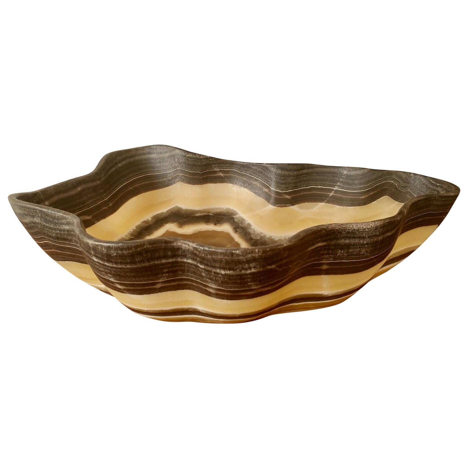 Large Hand Carved Onyx Bowl or Centerpiece in Black, Gold, Tan and Cream