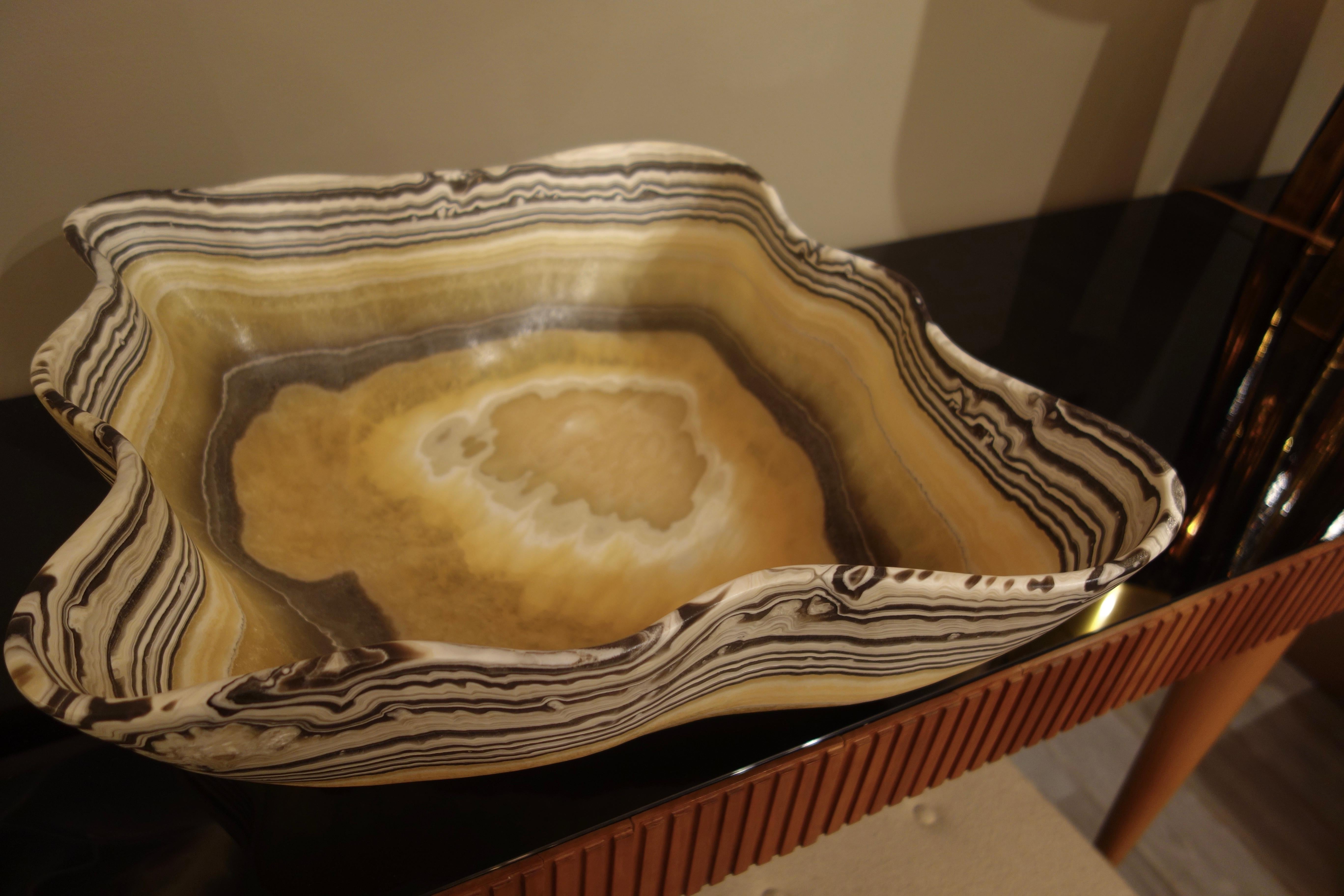 Post-Modern Large Hand Carved Onyx Bowl or Centerpiece in Gold, Gray and White