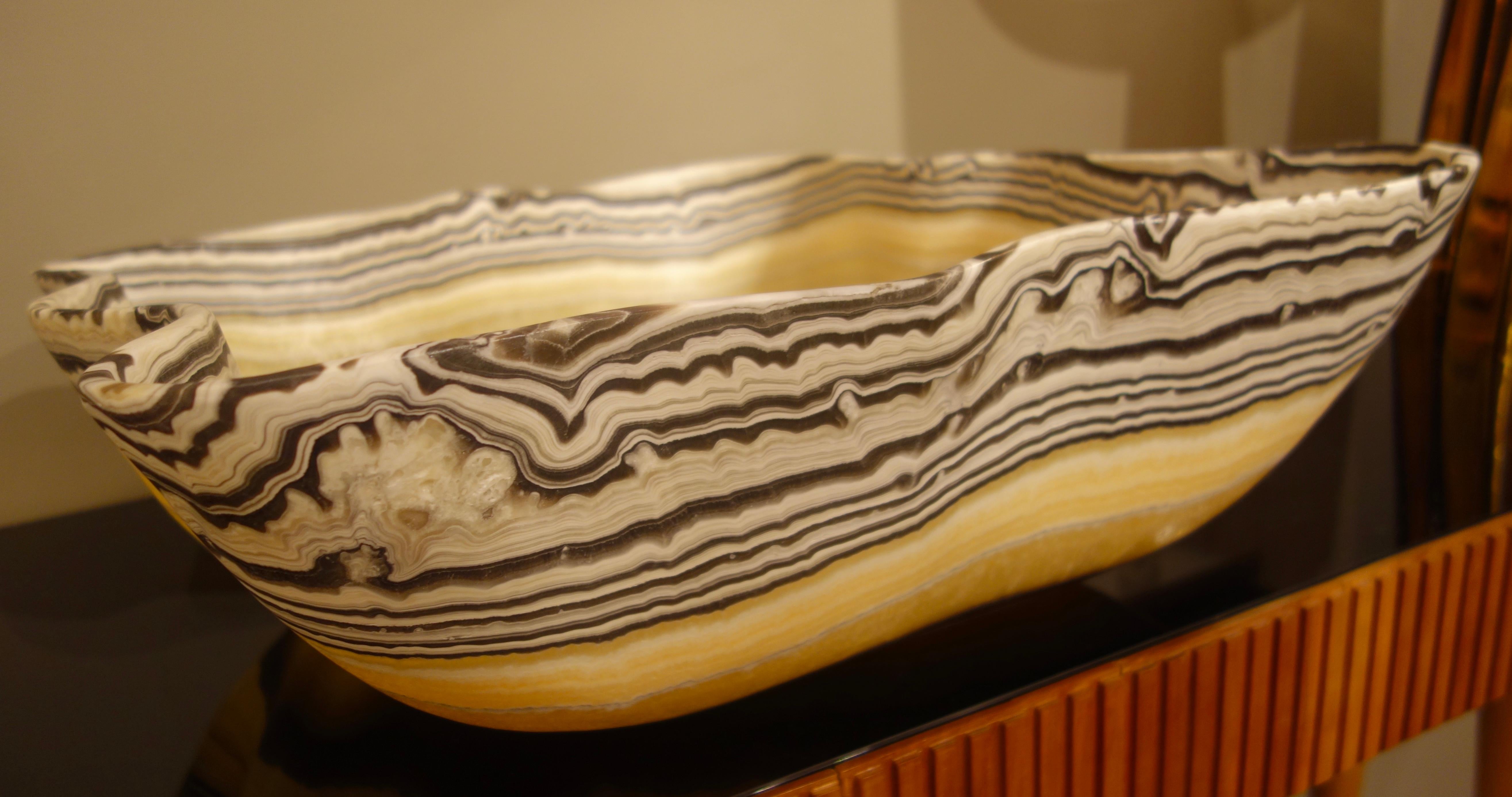 Mexican Large Hand Carved Onyx Bowl or Centerpiece in Gold, Gray and White