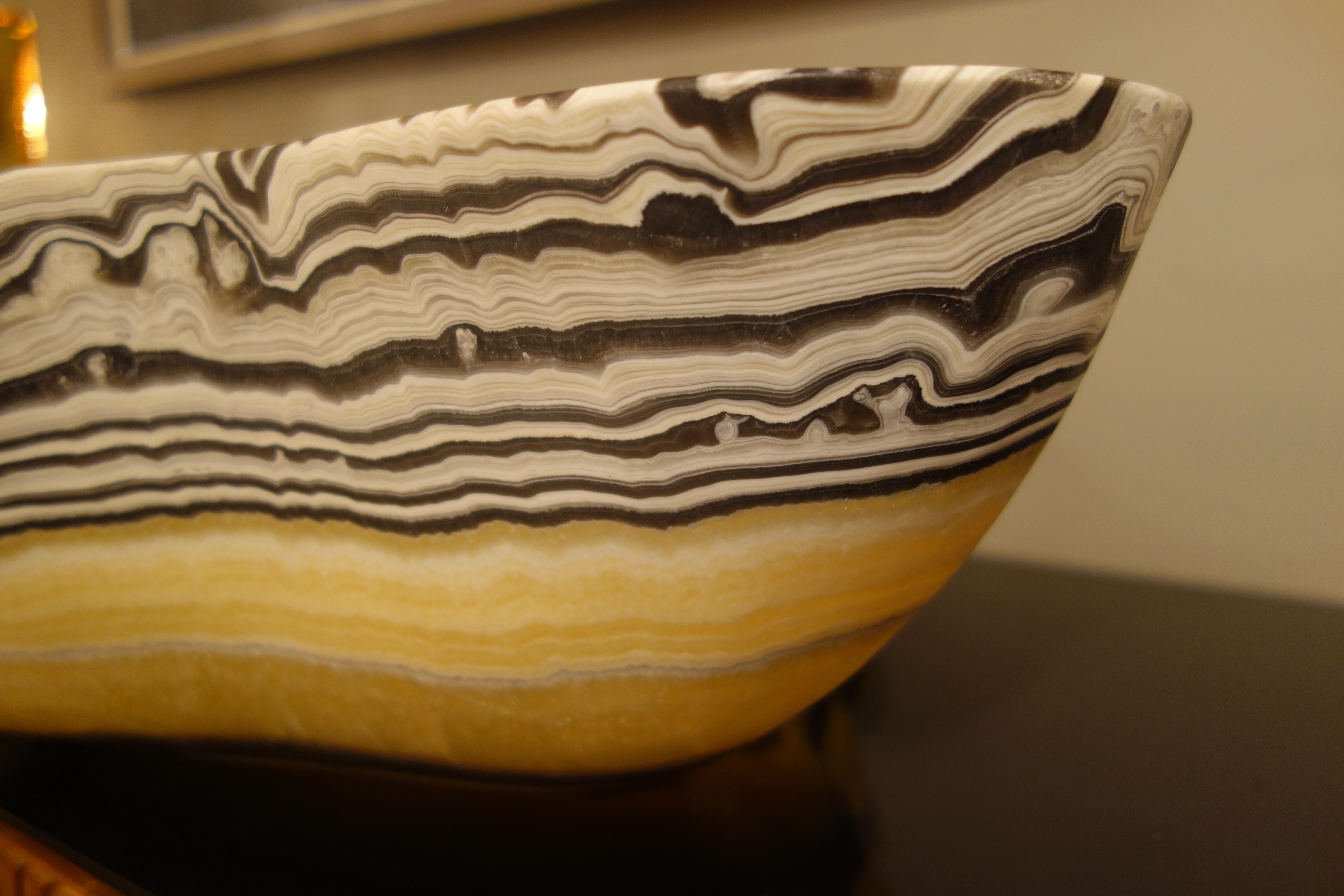 Hand-Carved Large Hand Carved Onyx Bowl or Centerpiece in Gold, Gray and White