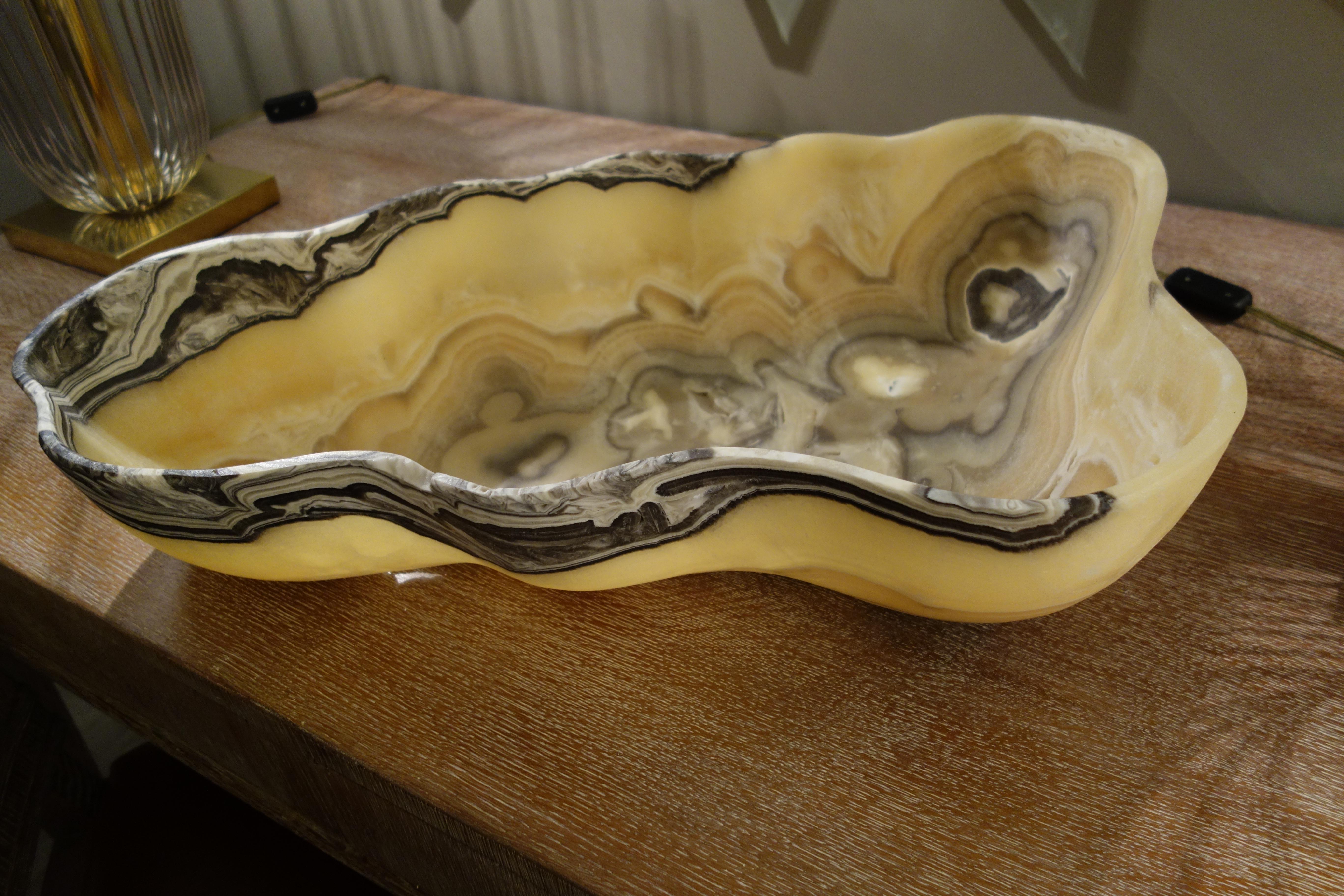 Mexican Large Hand Carved Onyx Bowl or Centerpiece in Gold, Gray and White