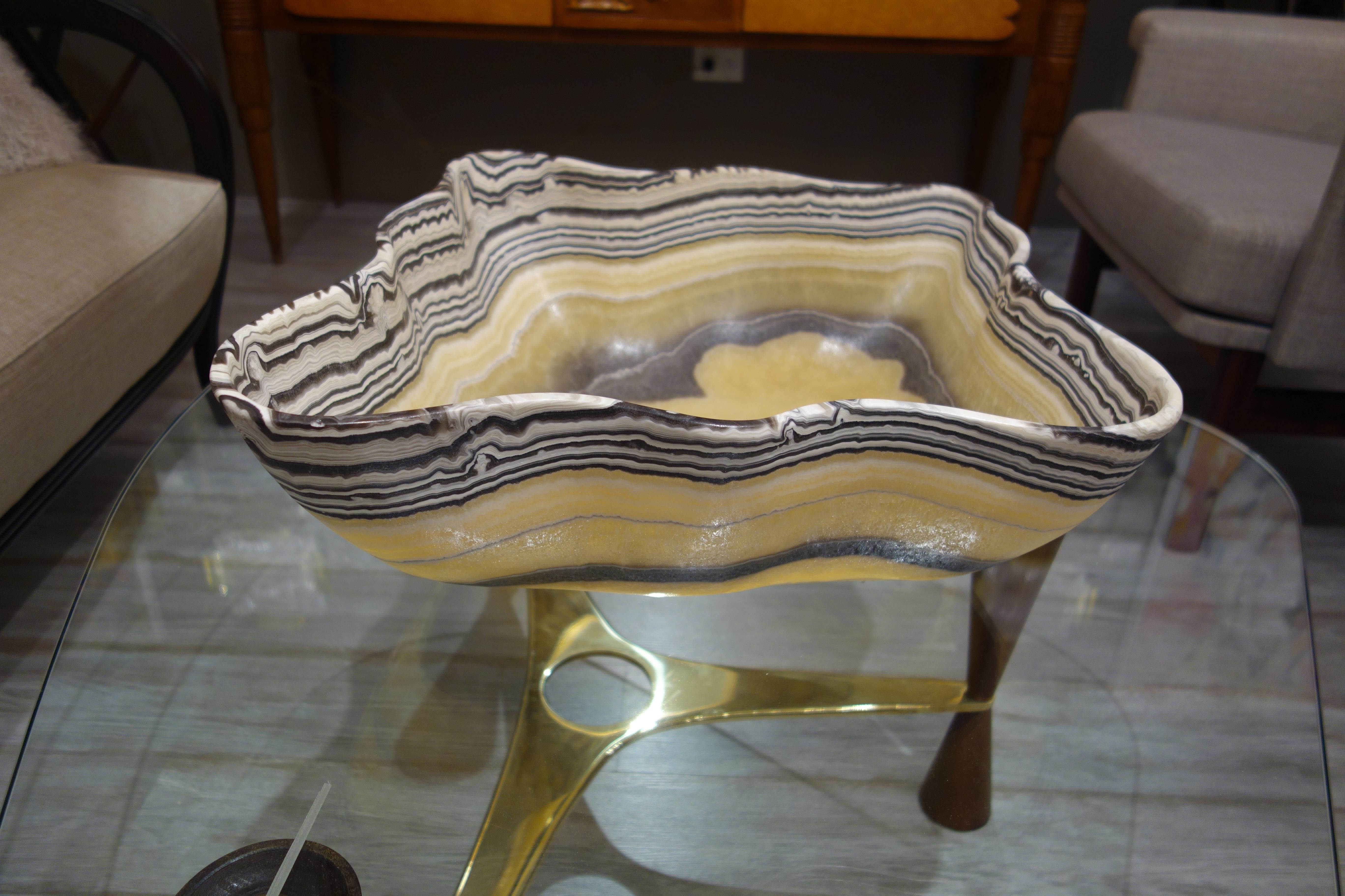 Contemporary Large Hand Carved Onyx Bowl or Centerpiece in Gold, Gray and White