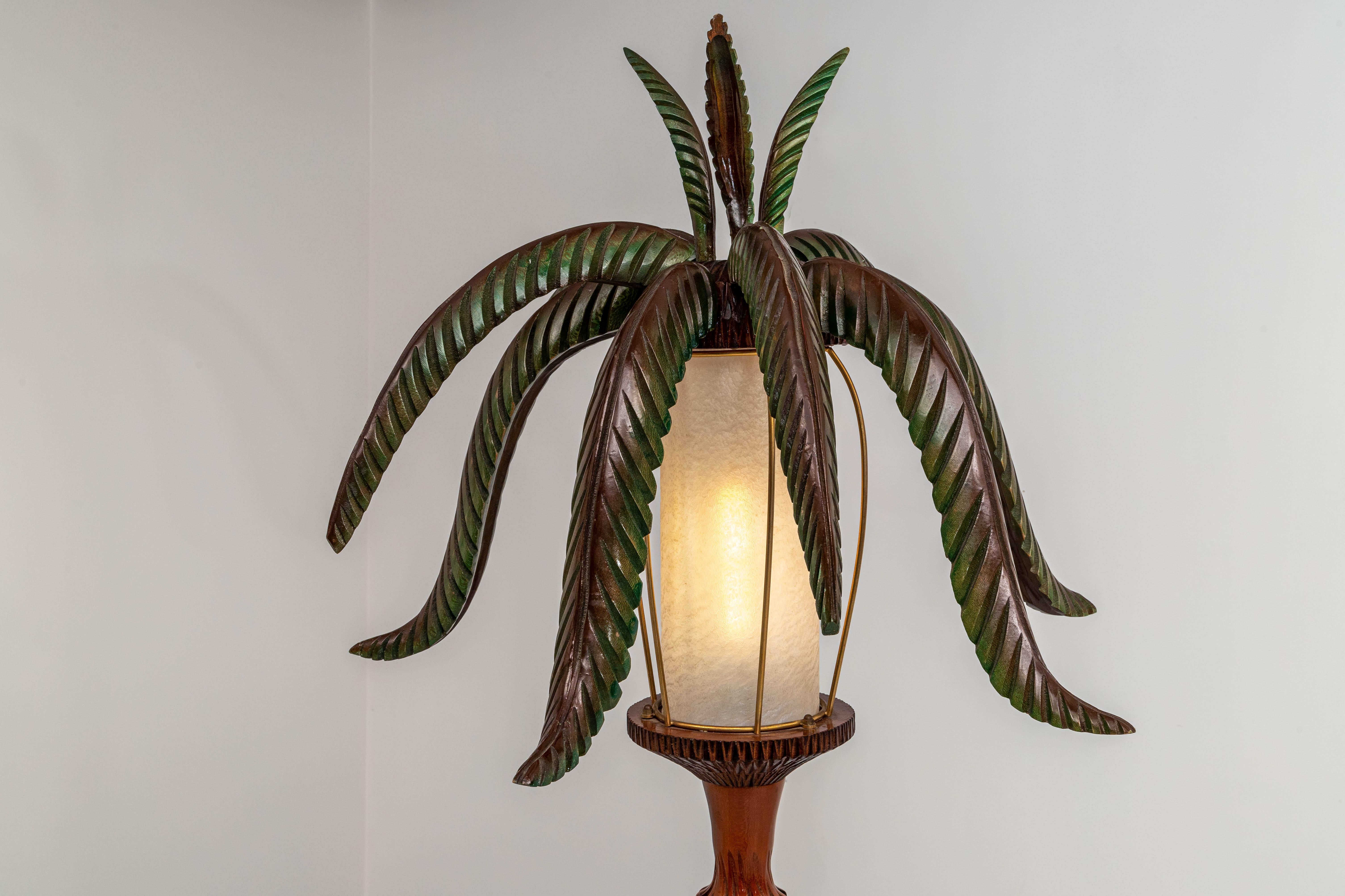 Bohemian Large Hand-Carved Palm Lamp in Wood and Skin Iso Aldo Tura, Italy, 1970's