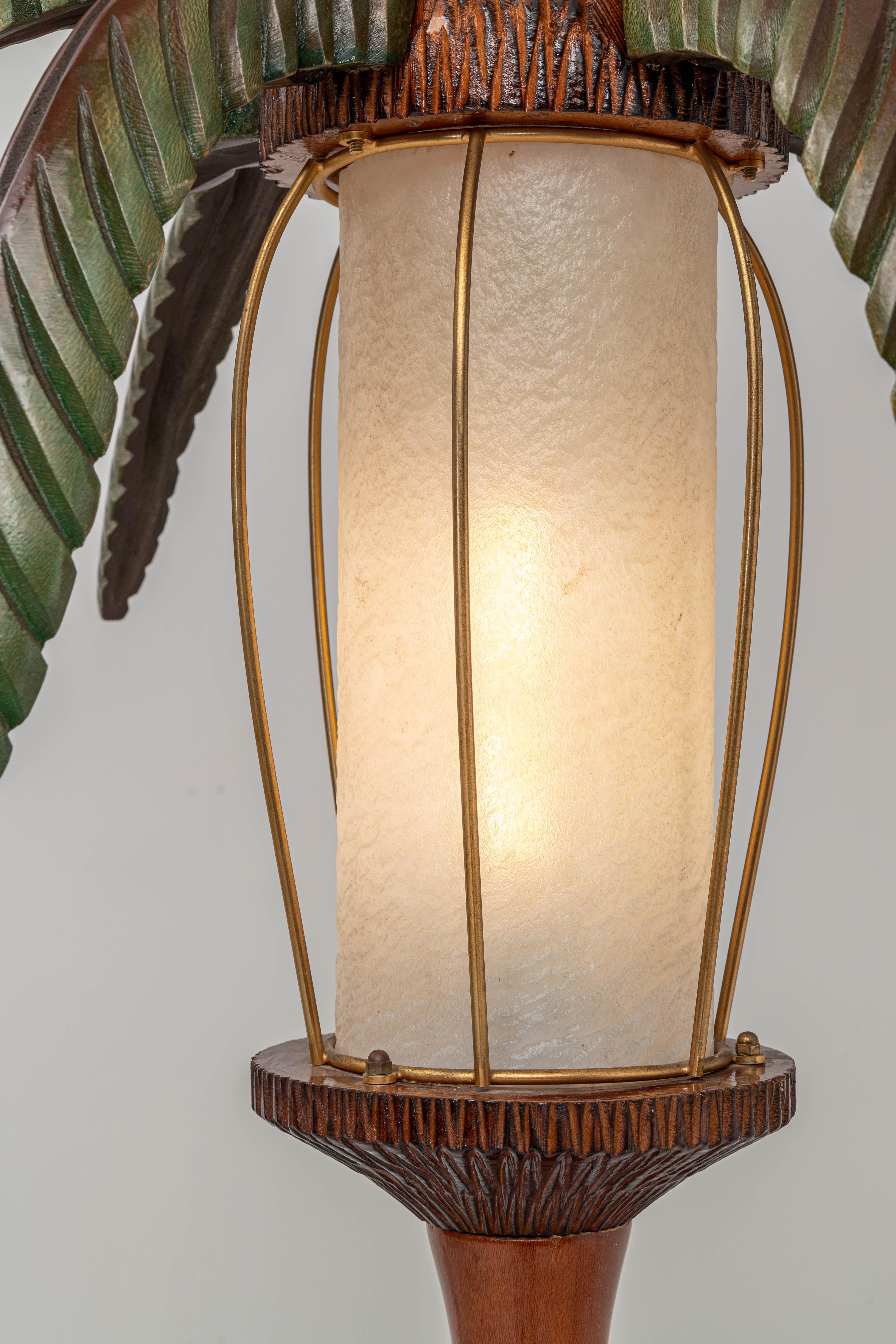 Italian Large Hand-Carved Palm Lamp in Wood and Skin Iso Aldo Tura, Italy, 1970's