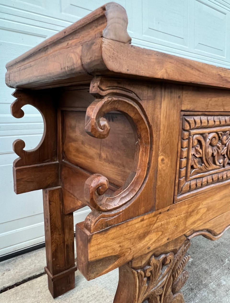 Chinoiserie Large Hand Carved Pine Console Table Made in Indonesia For Sale