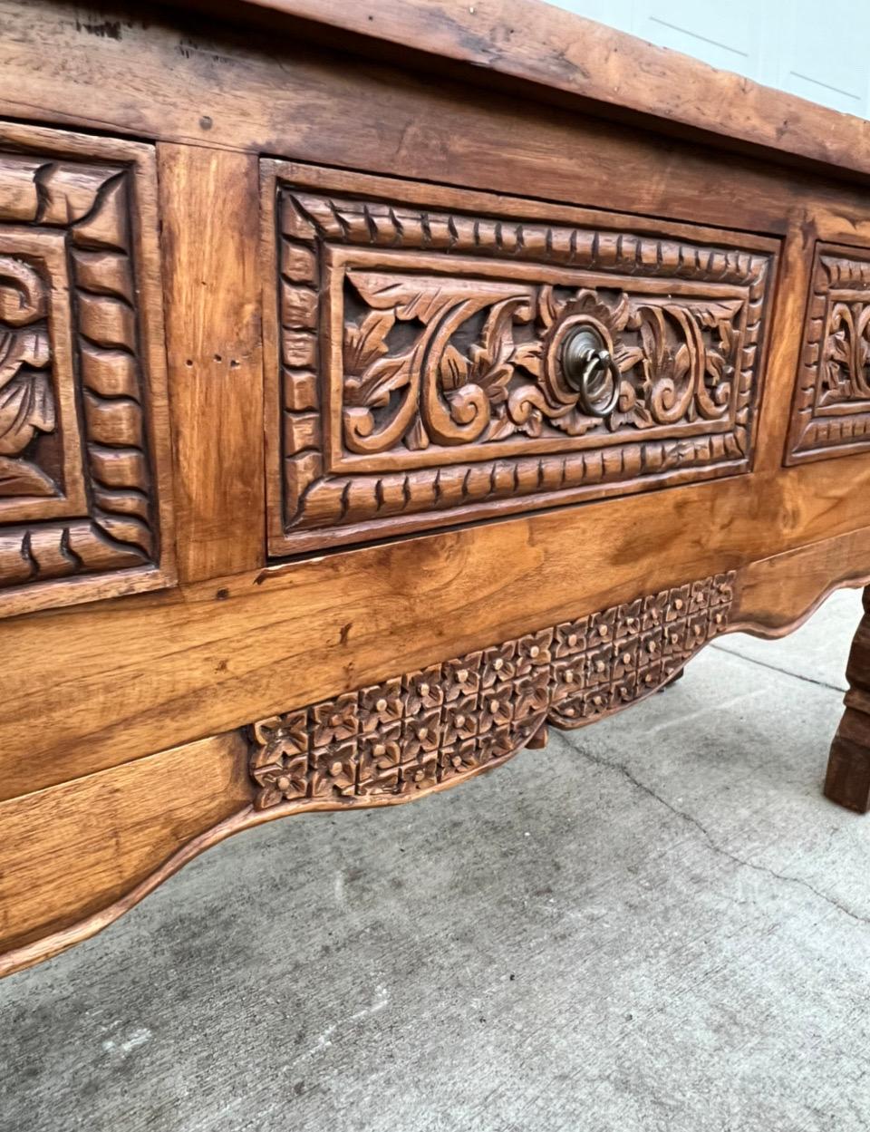 Indonesian Large Hand Carved Pine Console Table Made in Indonesia For Sale