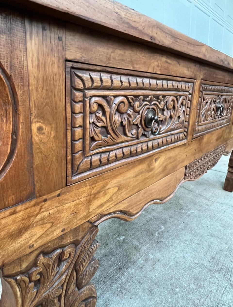 Hand-Carved Large Hand Carved Pine Console Table Made in Indonesia For Sale