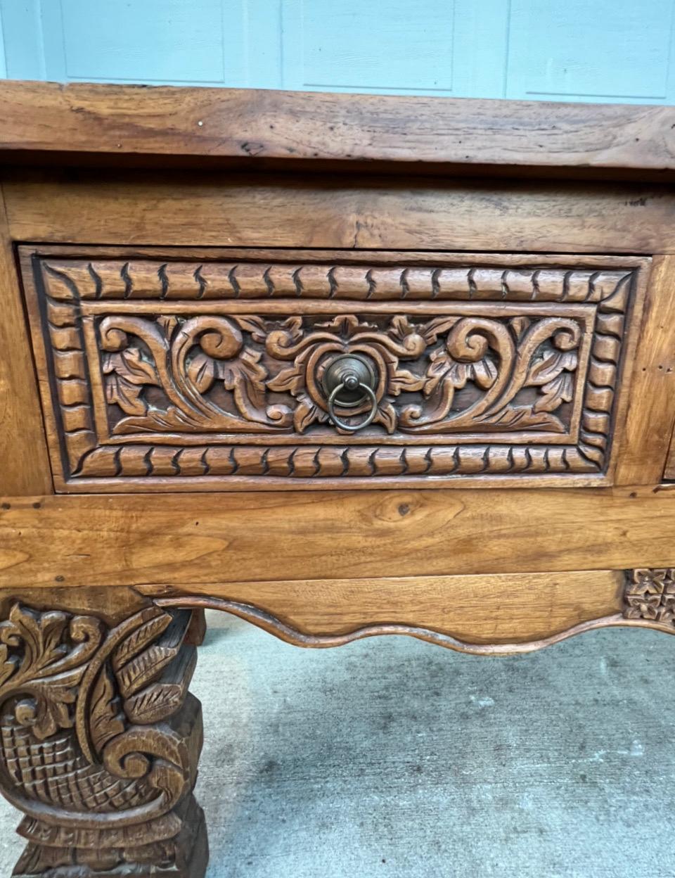 Large Hand Carved Pine Console Table Made in Indonesia In Good Condition For Sale In Fort Washington, MD
