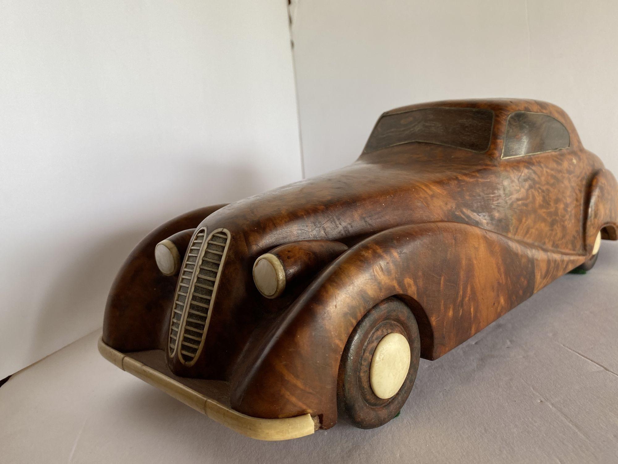 American Large Hand Carved Rolls Royce Delahaye Burlwood, Ebony Car w/ Hidden Compartment