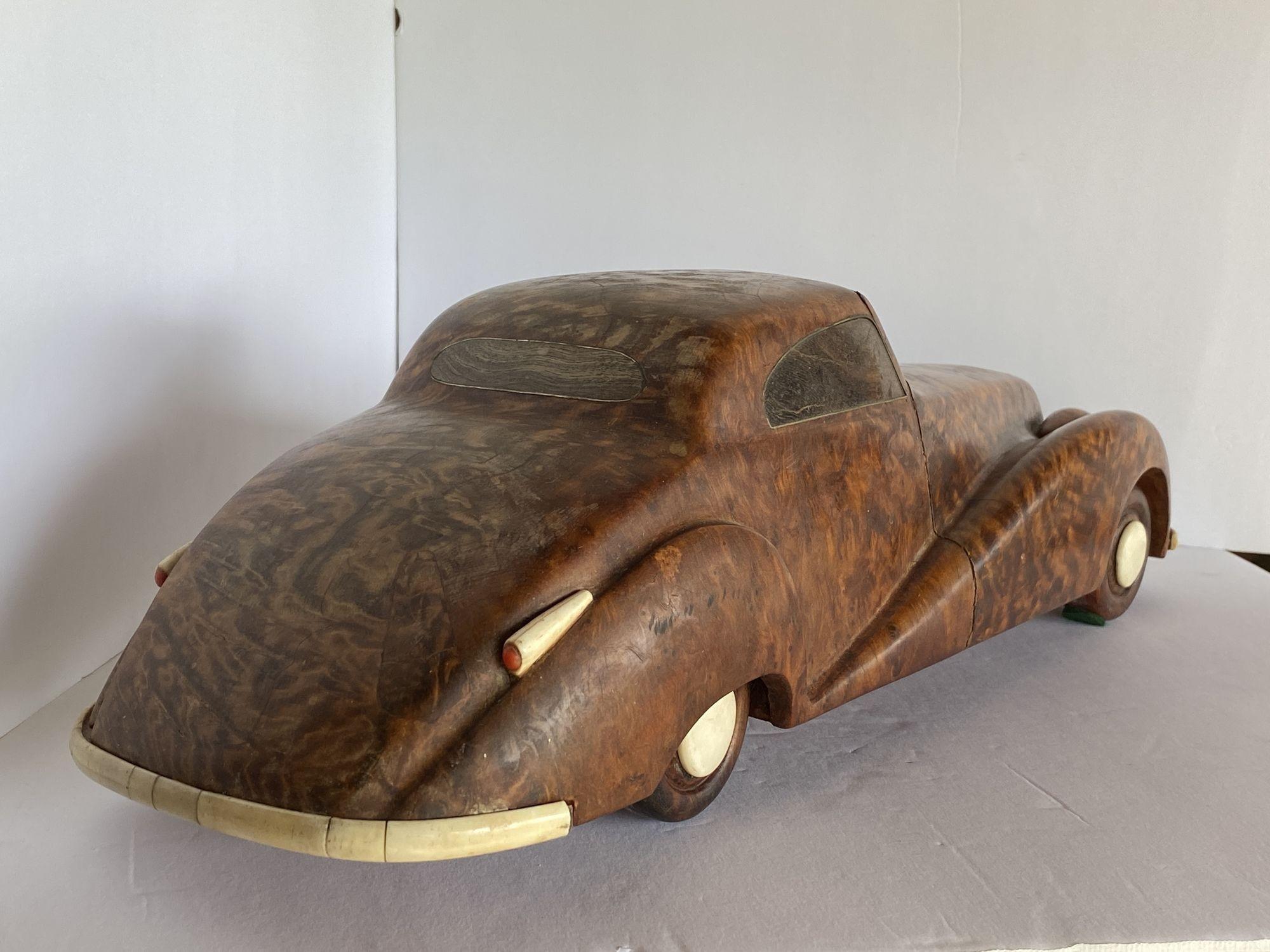 Large Hand Carved Rolls Royce Delahaye Burlwood, Ebony Car w/ Hidden Compartment In Excellent Condition In Van Nuys, CA