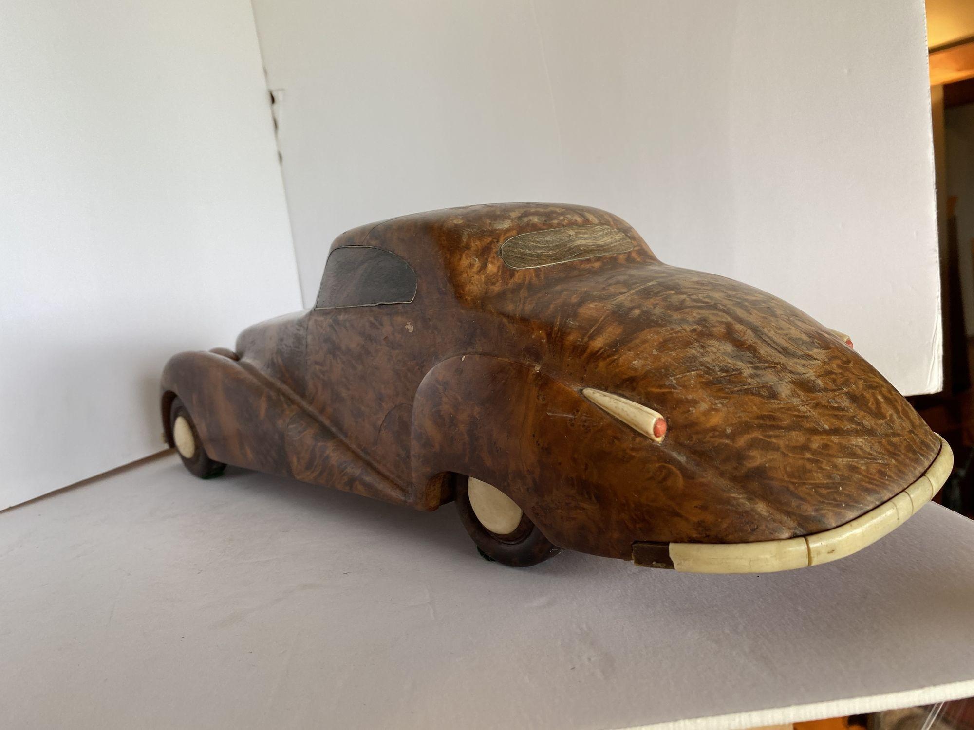 American Large Carved Rolls Royce Delahaye Burl-wood, Ebony Car w/ Hidden Compartment