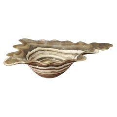 Large Hand Carved Shaped Onyx Bowl or Centerpiece in Taupe, Creme and Brown