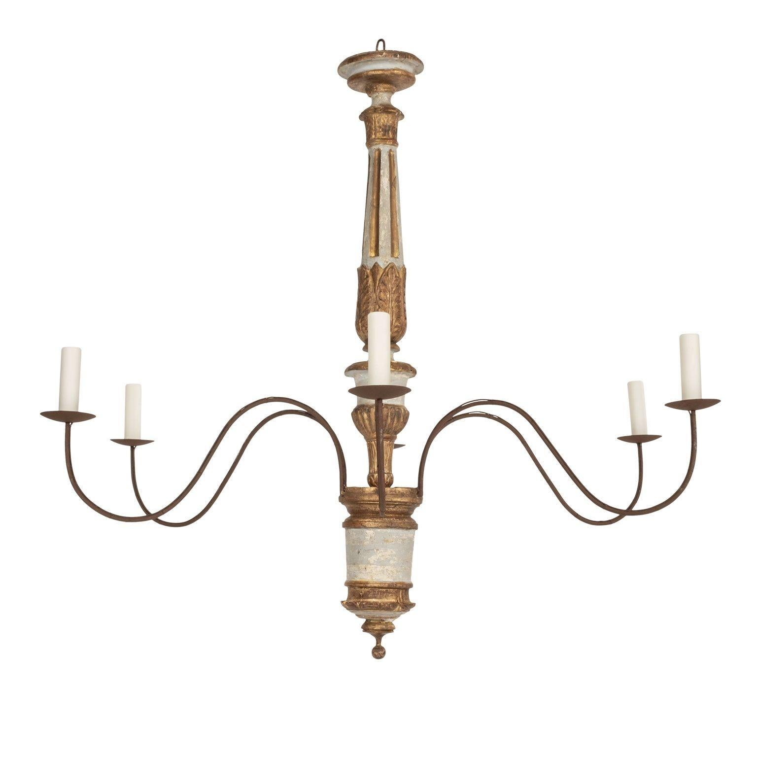 Brass Large Hand-Carved Six-Arm Italian Chandelier For Sale