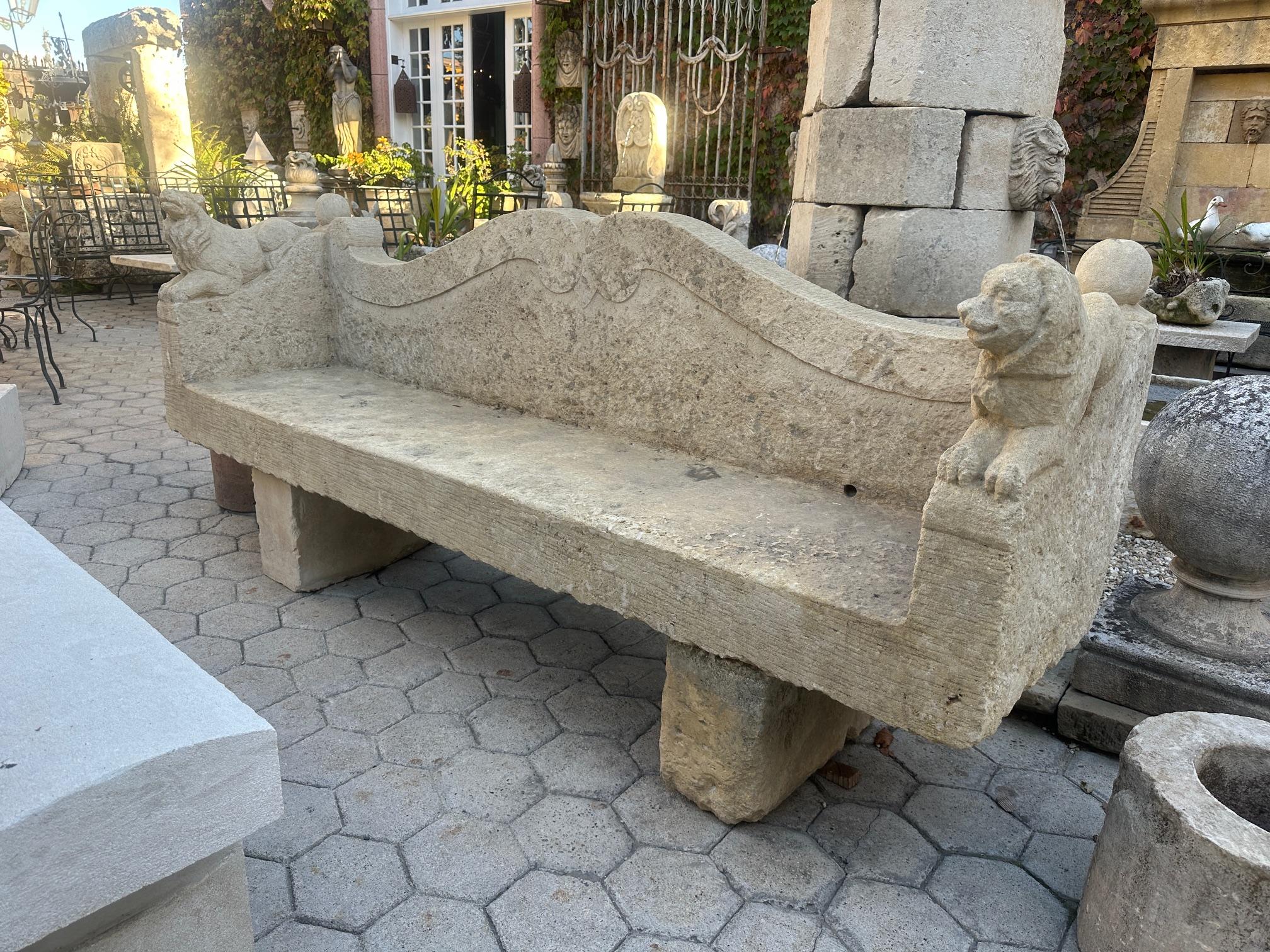Large Hand Carved Stone Rustic Chateau Garden Bench Regal Outdoor Seat Antique For Sale 11
