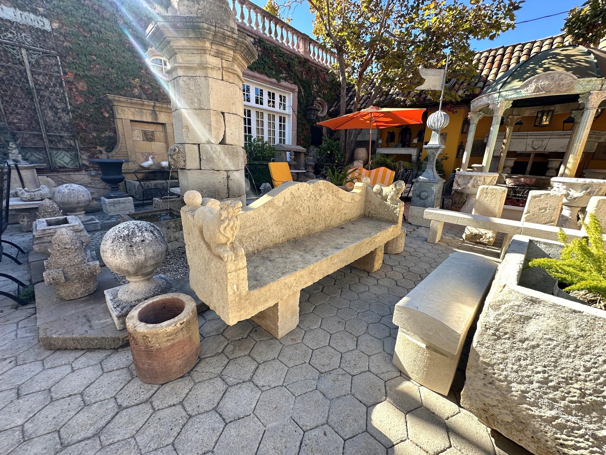 Large Hand Carved Stone Rustic Chateau Garden Bench Regal Outdoor Seat Antique and works for your Indoor GIARDINO D'INVERNO . Beautiful Sculpted Hand carved stone rustic Chateau garden bench . Imposing and Monumental,  late 18th century  early 19th