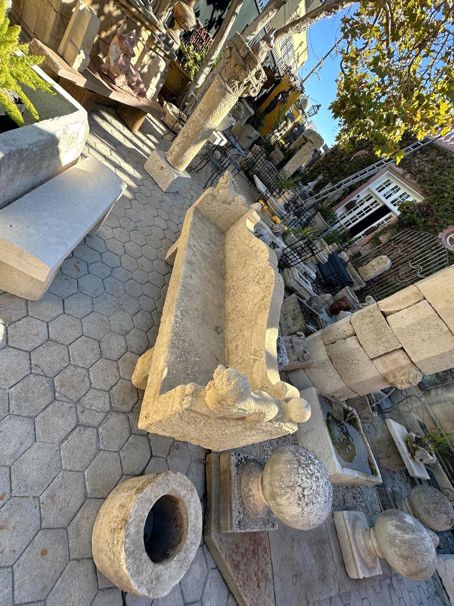 French Large Hand Carved Stone Rustic Chateau Garden Bench Regal Outdoor Seat Antique For Sale