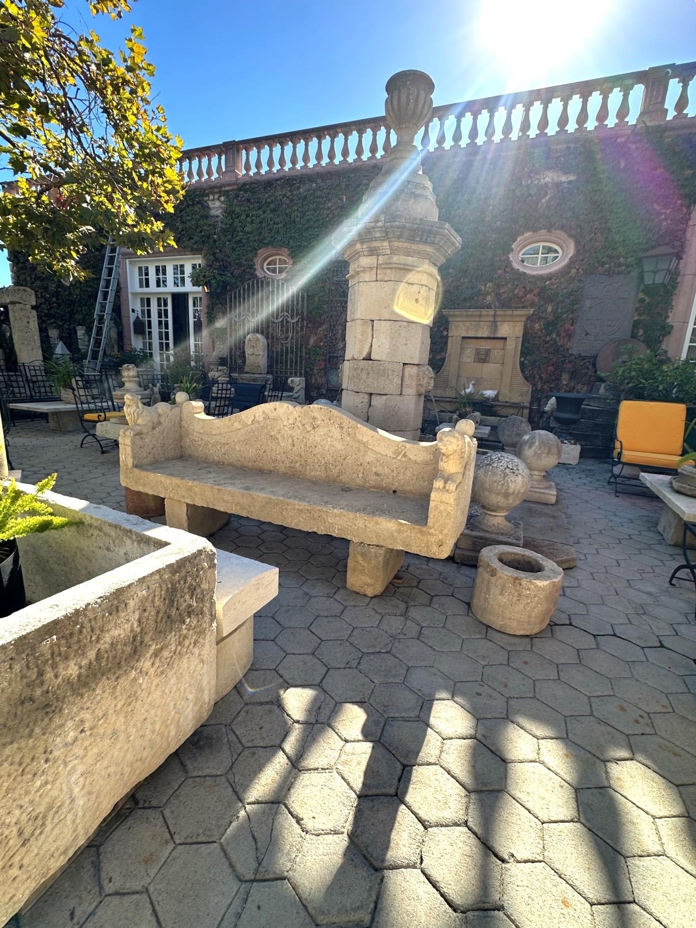 Hand-Carved Large Hand Carved Stone Rustic Chateau Garden Bench Regal Outdoor Seat Antique For Sale