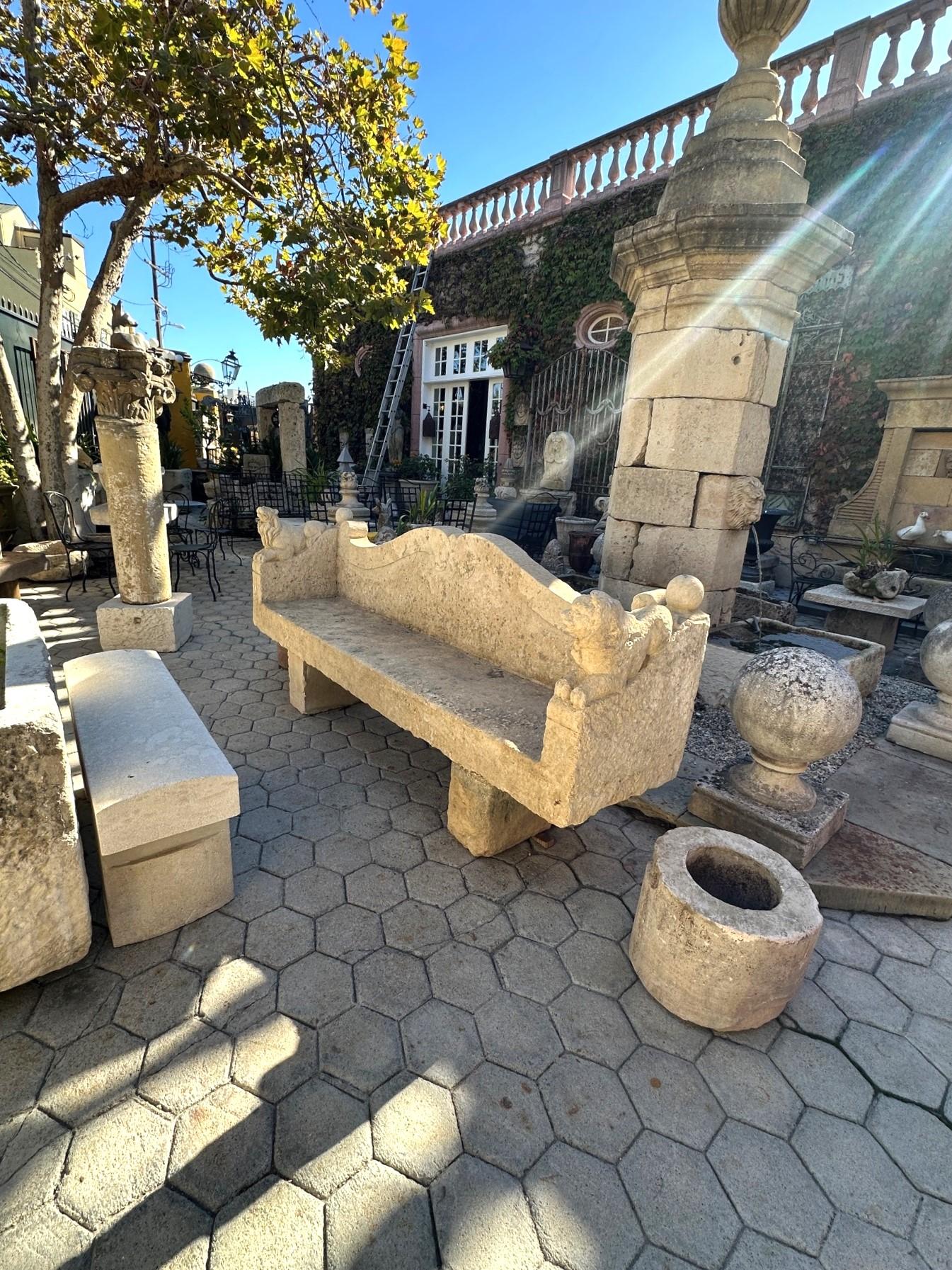 Large Hand Carved Stone Rustic Chateau Garden Bench Regal Outdoor Seat Antique In Fair Condition For Sale In West Hollywood, CA